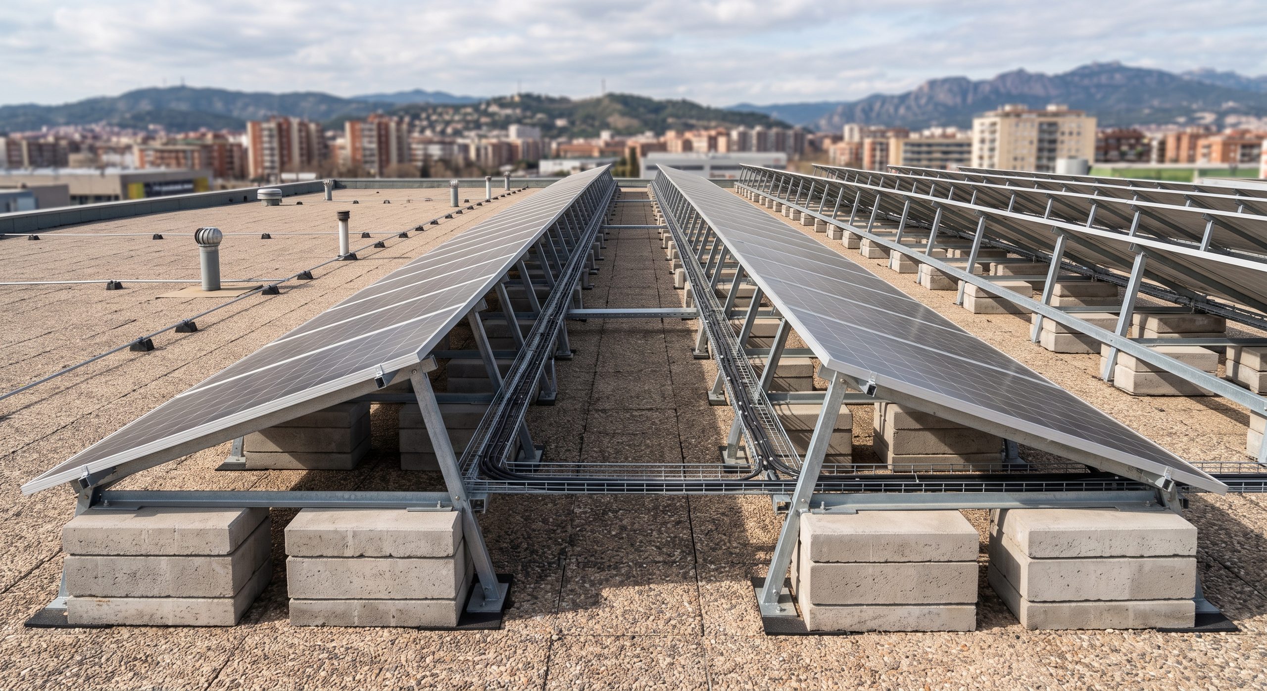 Paneles solares sobre estructura inclinada lastrada en un tejado plano, bloques de hormigón visibles