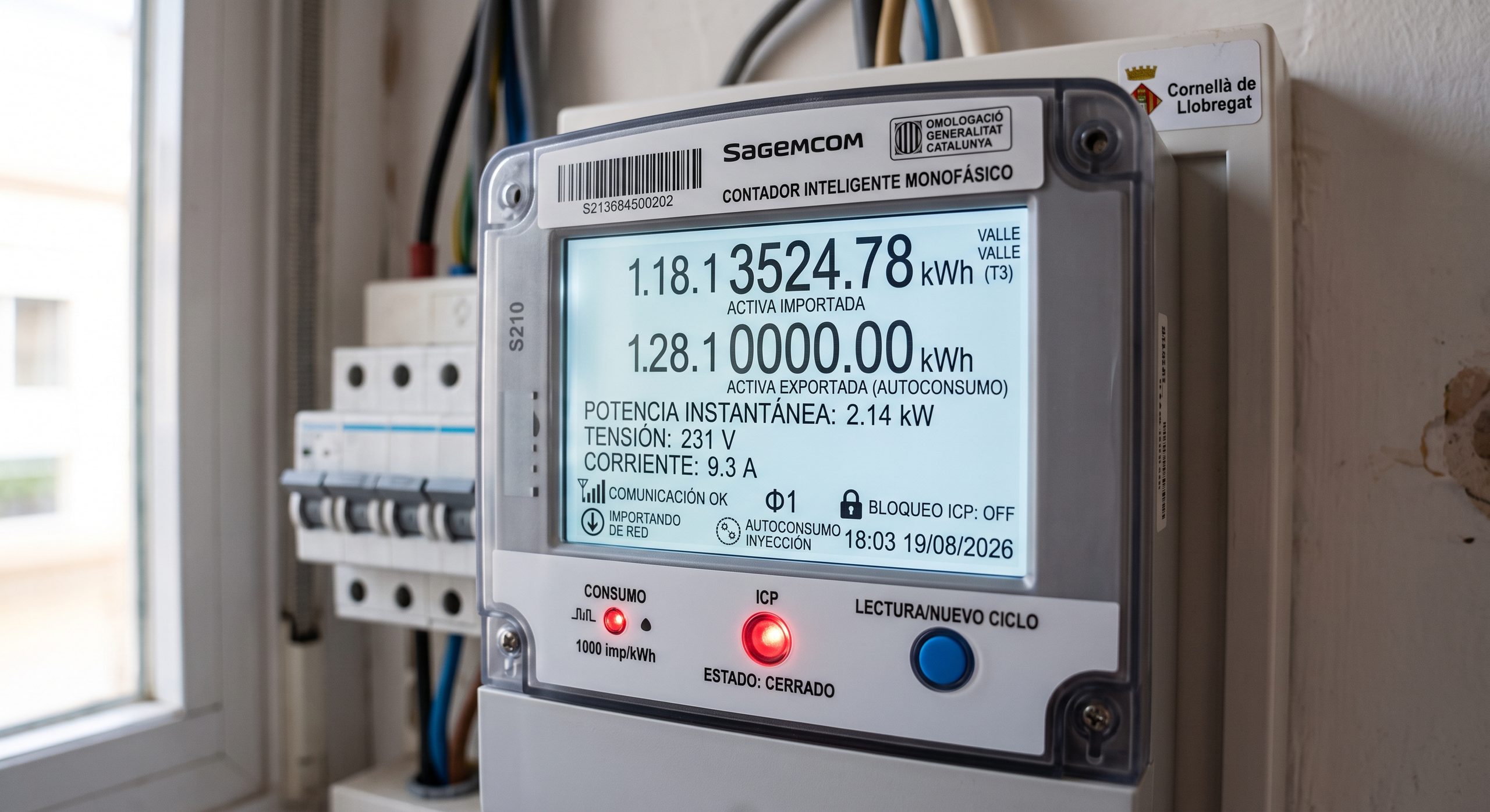 Contador eléctrico digital moderno instalado en una vivienda, plano detalle