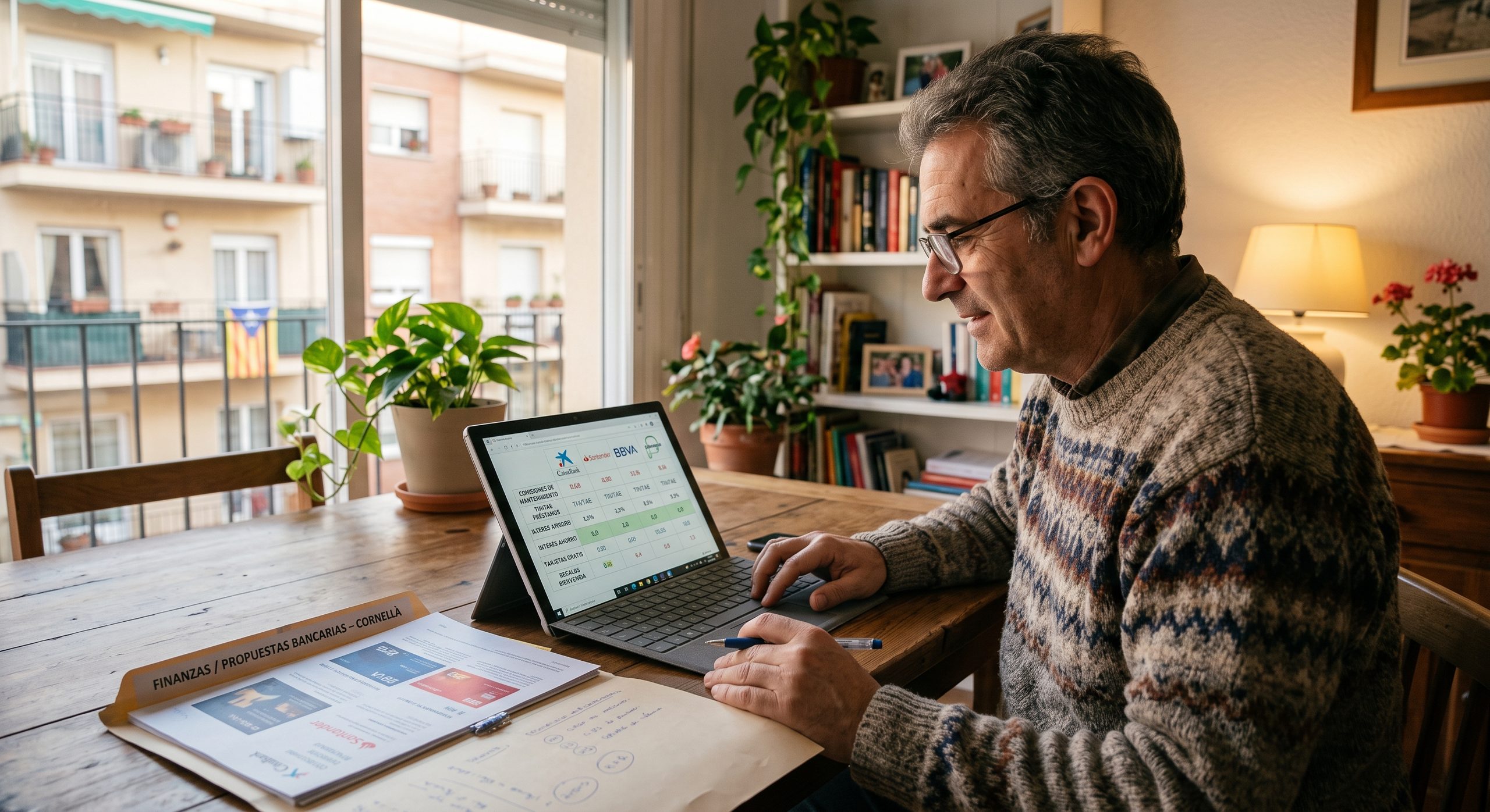 Persona comparando ofertas bancarias en portátil o tablet, ambiente doméstico