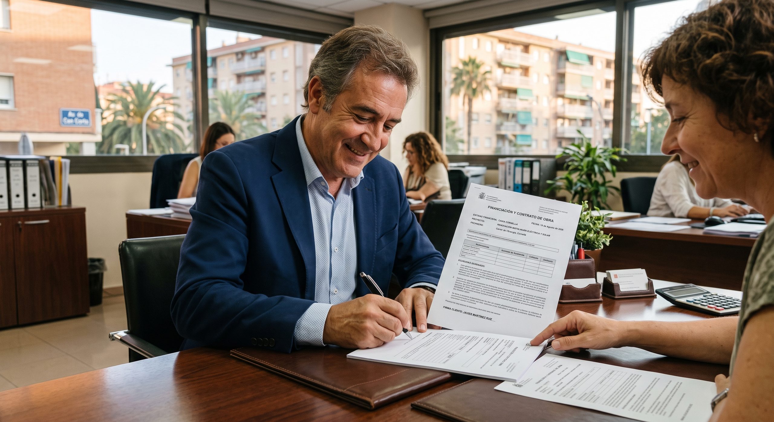Persona firmando un documento de financiación o contrato, ambiente de oficina o gestoría