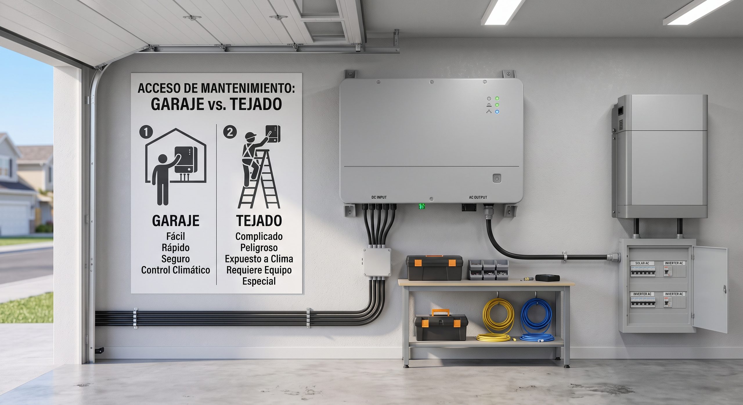Inversor central instalado en garaje, ambiente ordenado, mostrando el fácil acceso comparado con el tejado
