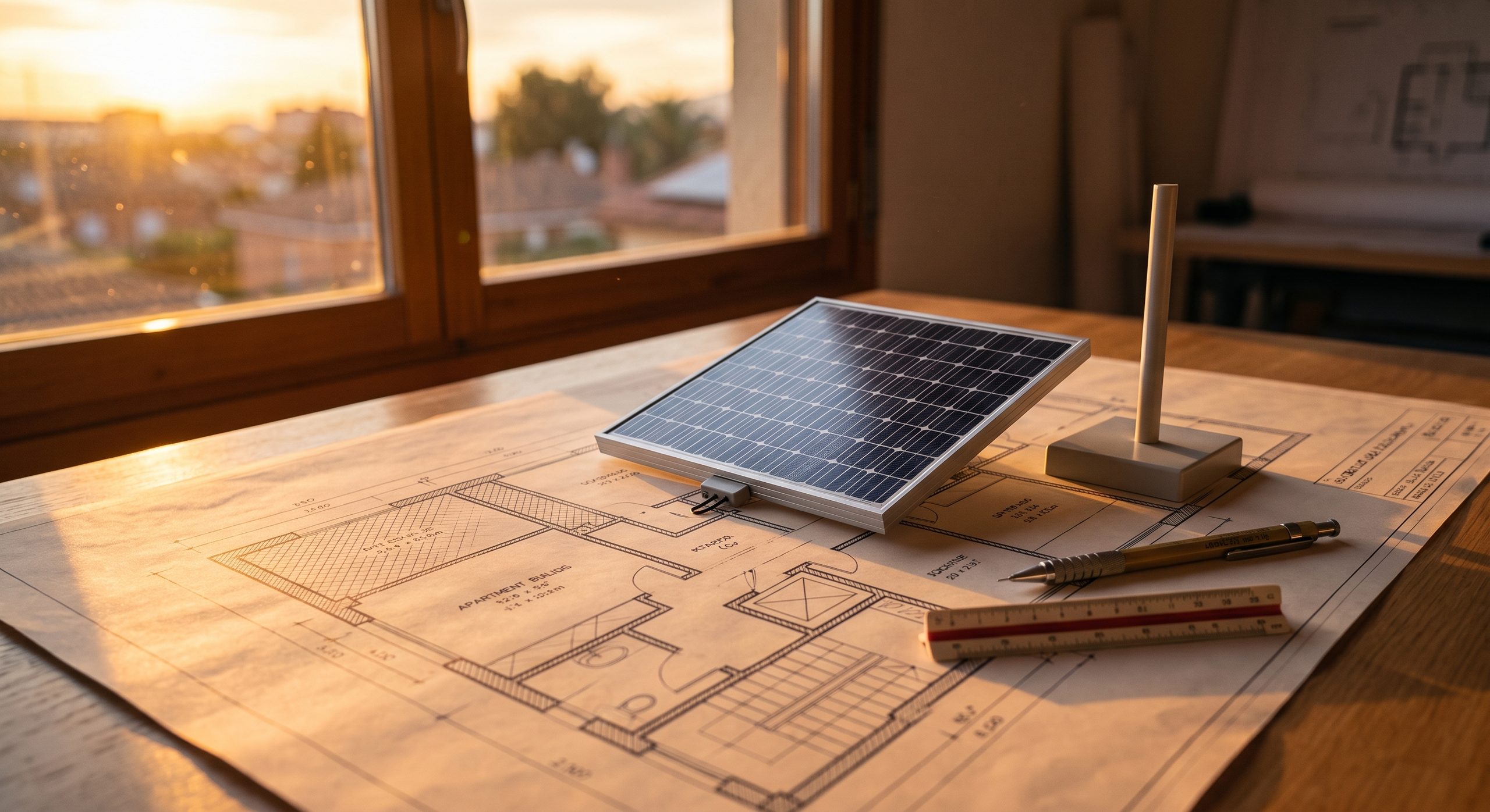 Plano arquitectónico sobre una mesa con una maqueta de placa solar encima