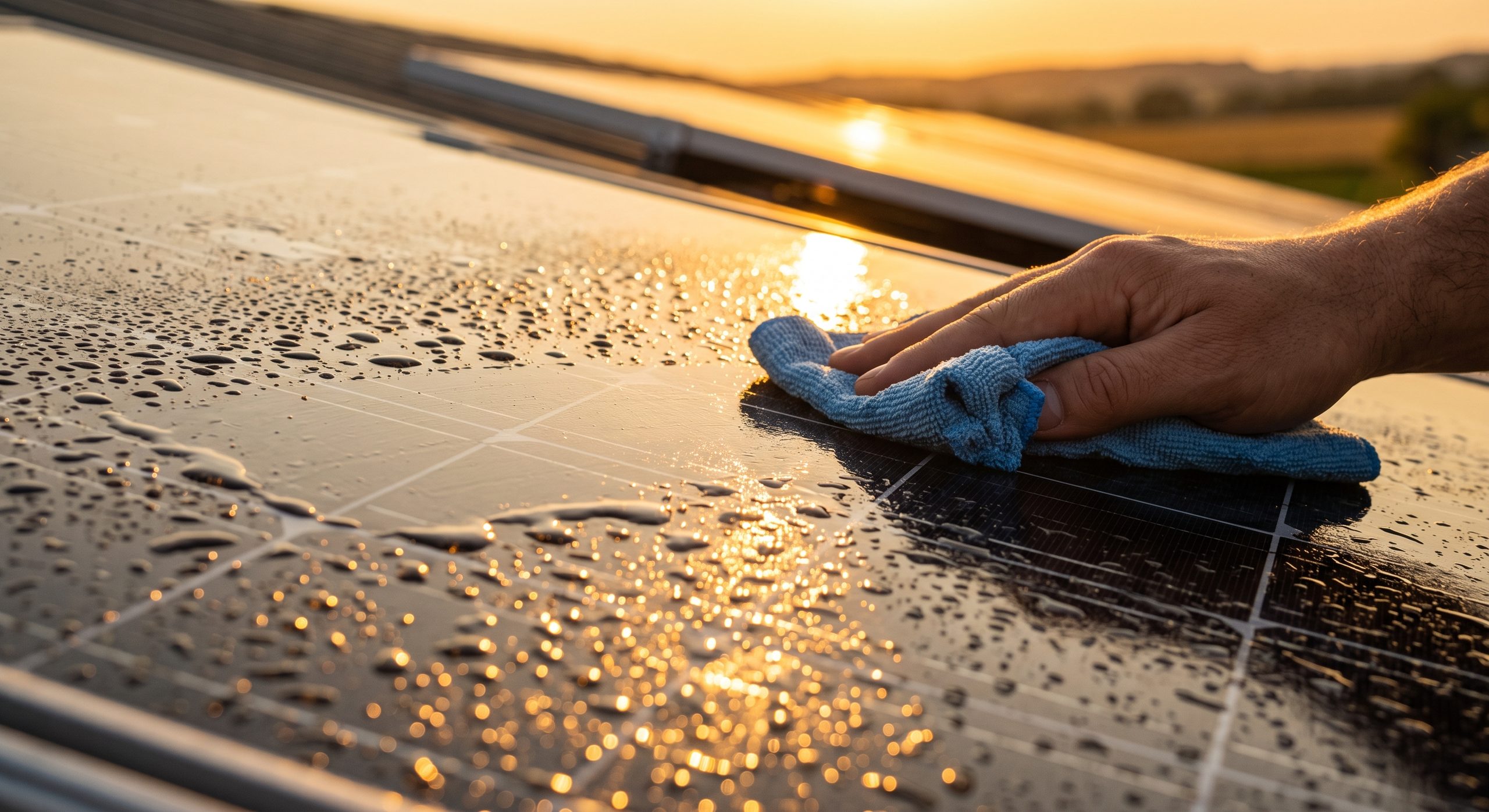 Técnico limpiando placas solares en un tejado