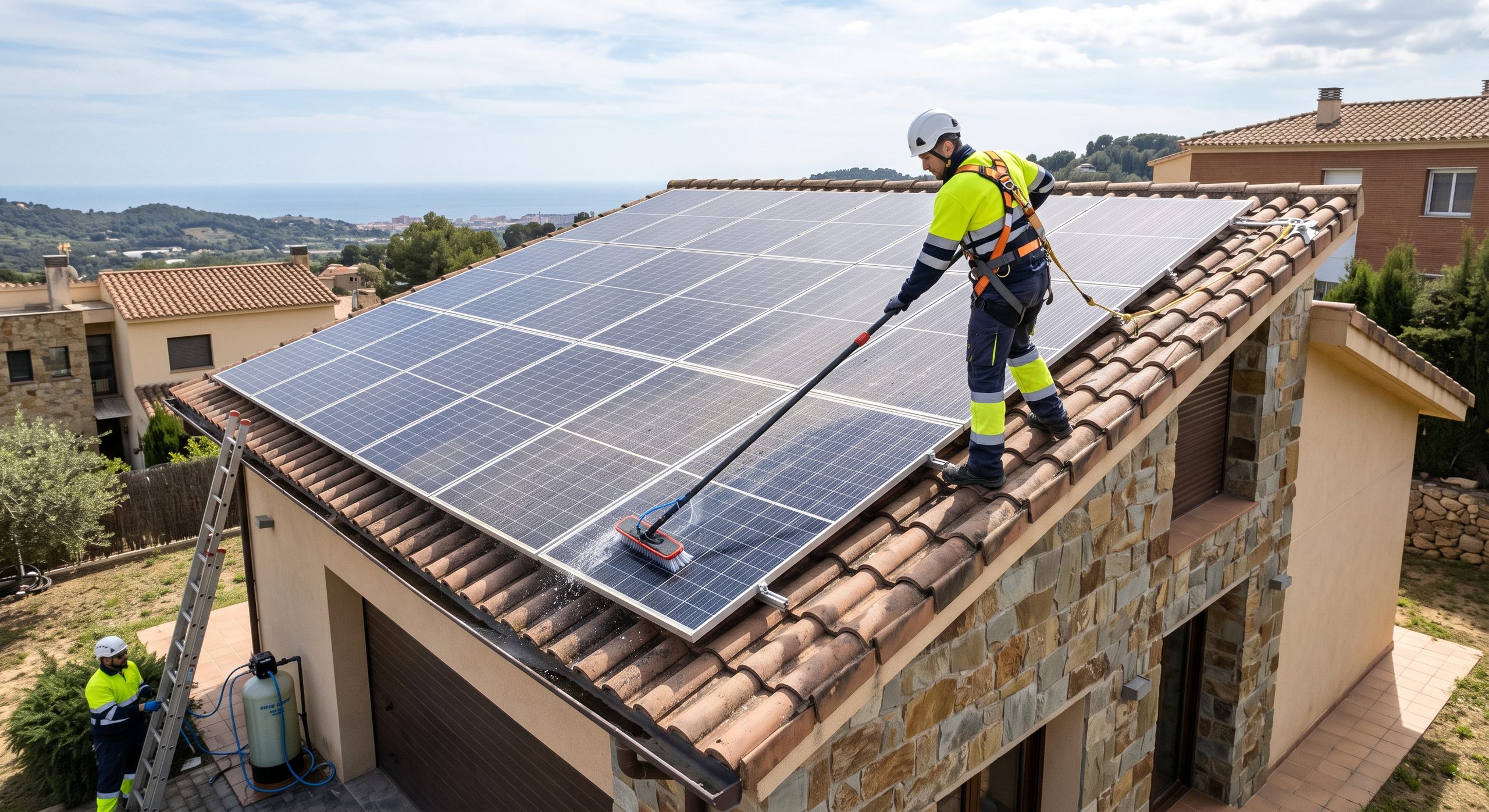 Técnico limpiando paneles solares en un tejado con equipo profesional