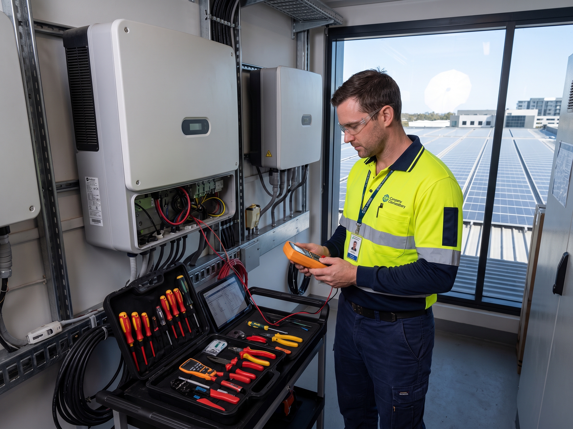 Técnico revisando un inversor solar con herramientas, ambiente profesional