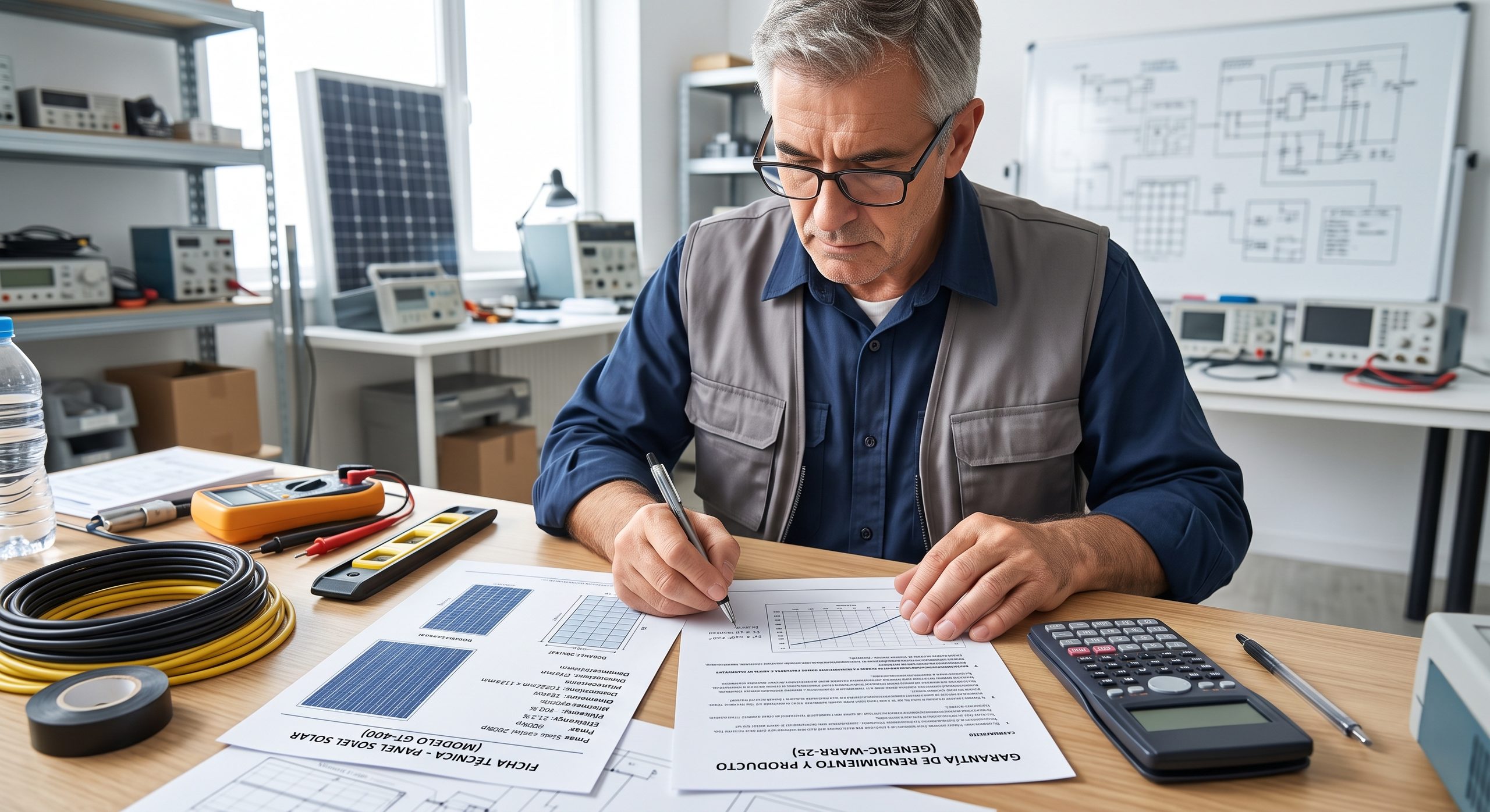 Persona revisando una ficha técnica o documento de garantía de paneles solares, con calculadora al lado