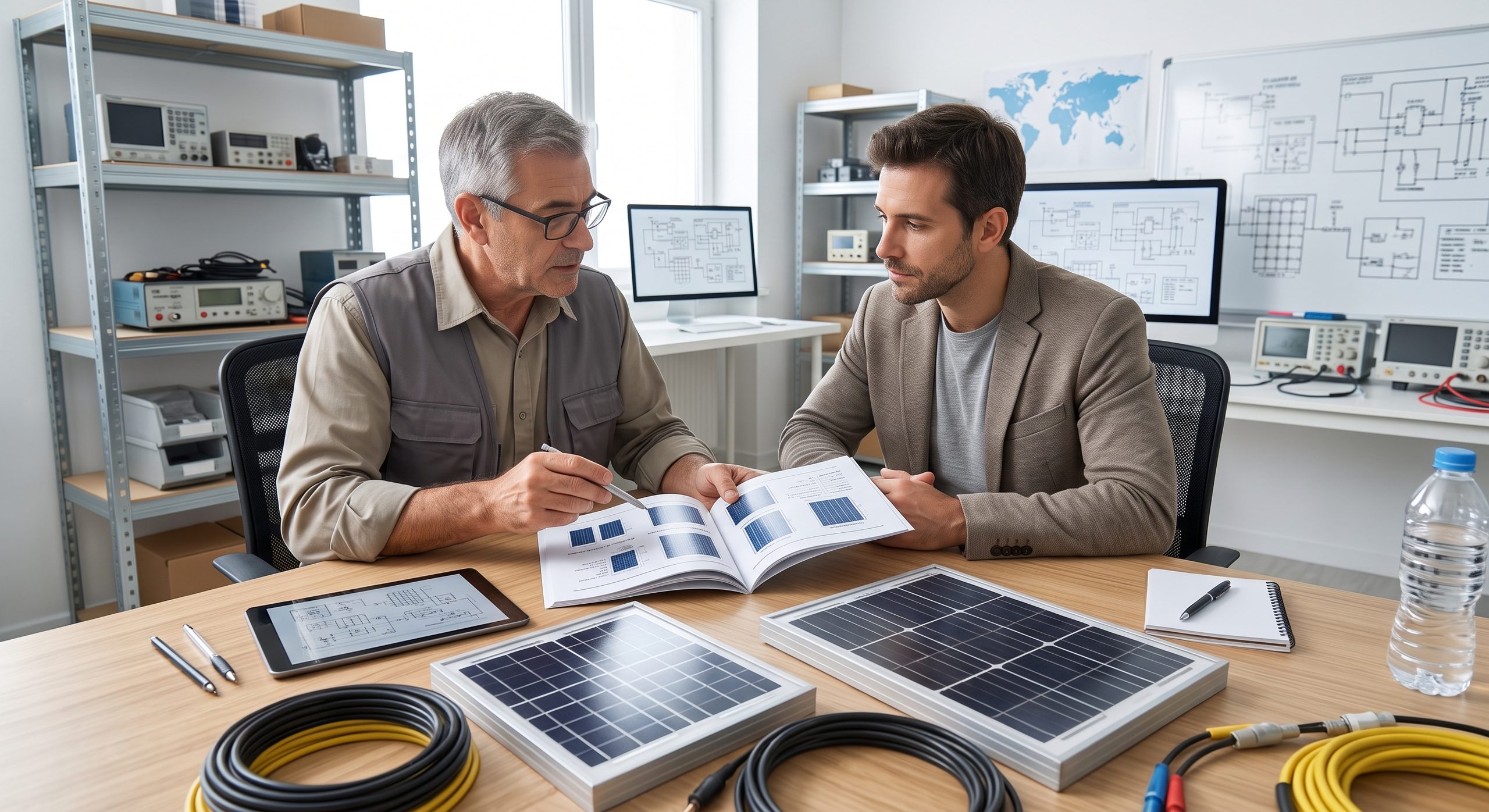 Instalador explicando opciones de paneles solares a un cliente, mostrando catálogos o muestras