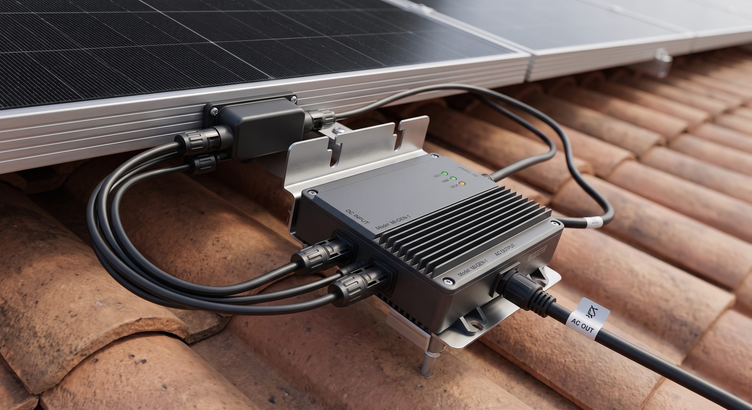 Microinversor instalado bajo un panel solar en el tejado, detalle técnico del equipo pequeño