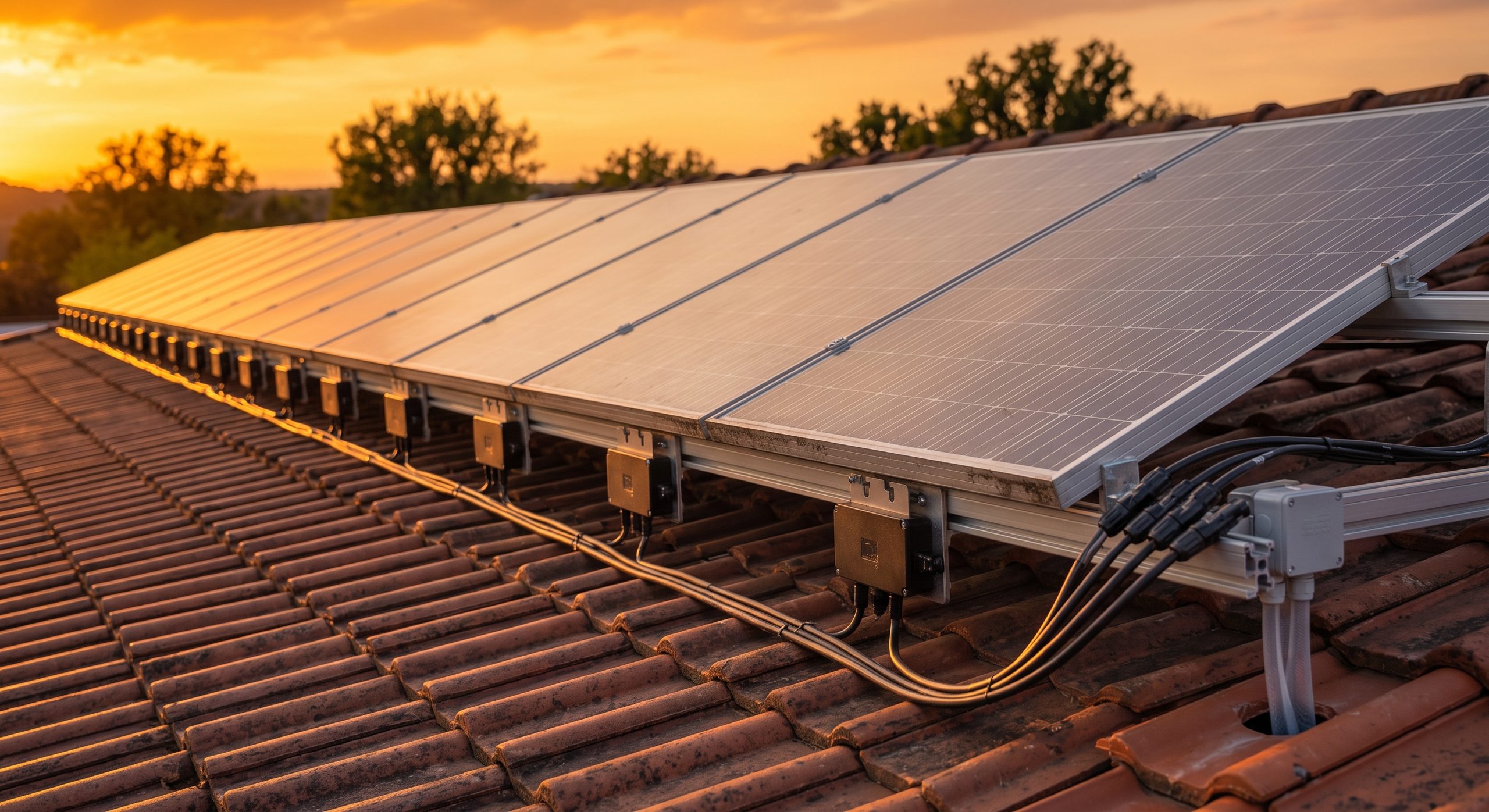 Fila de placas solares con micro-inversores individuales bajo cada panel
