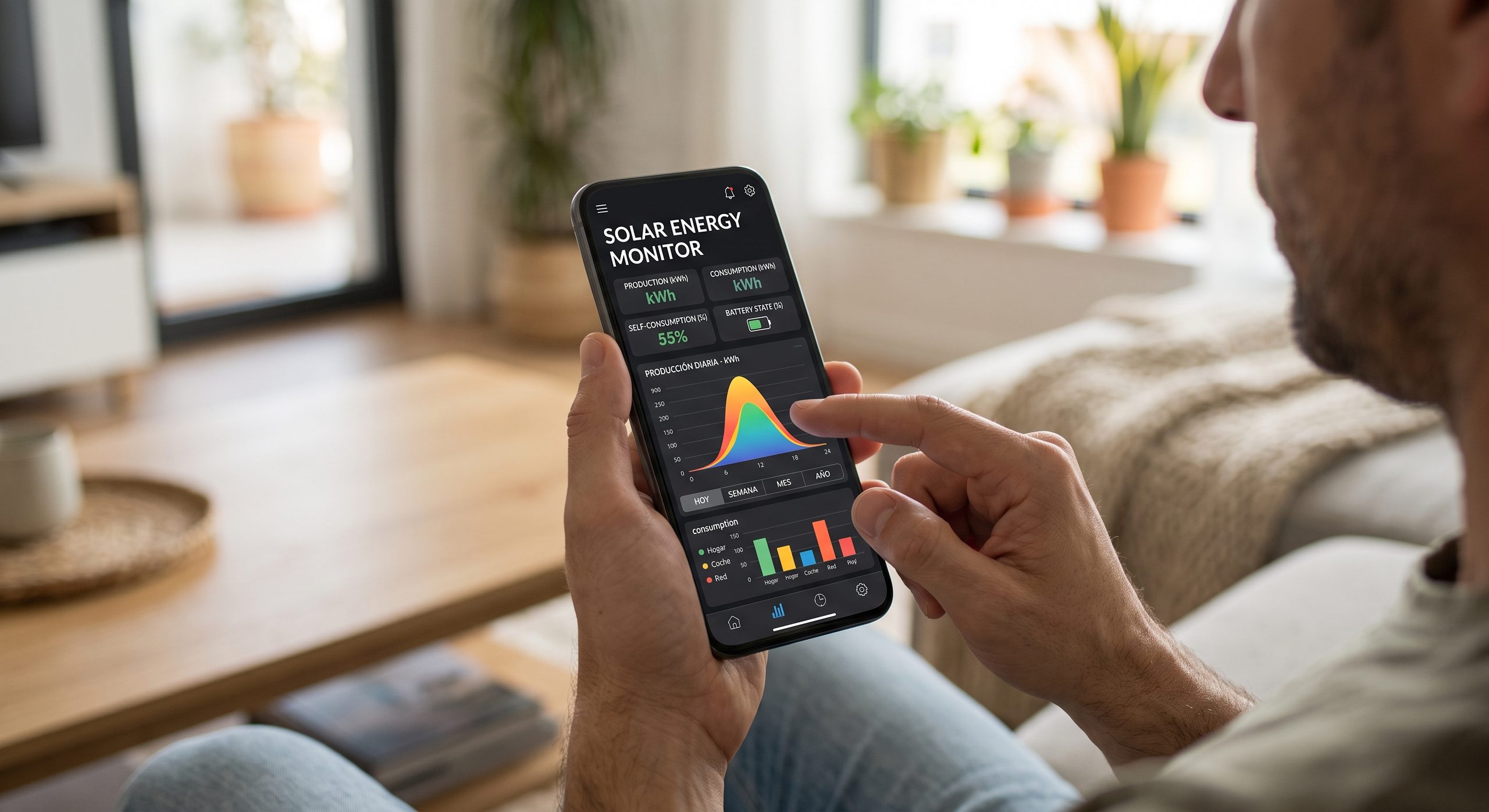 Persona consultando una app de monitorización solar en el móvil, mostrando gráficos de producción