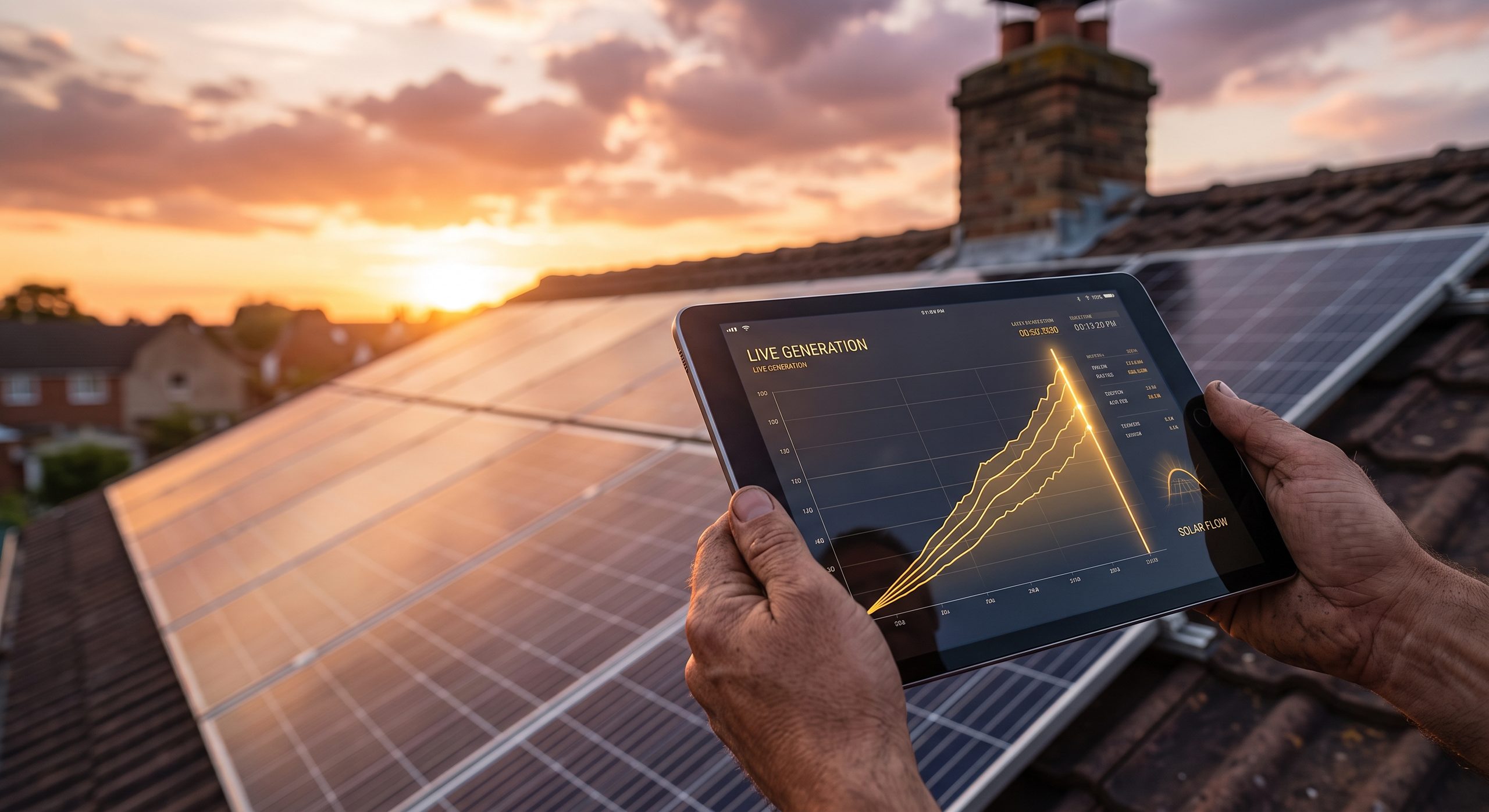 Pantalla con gráfico de energía solar frente a una placa solar al atardecer
