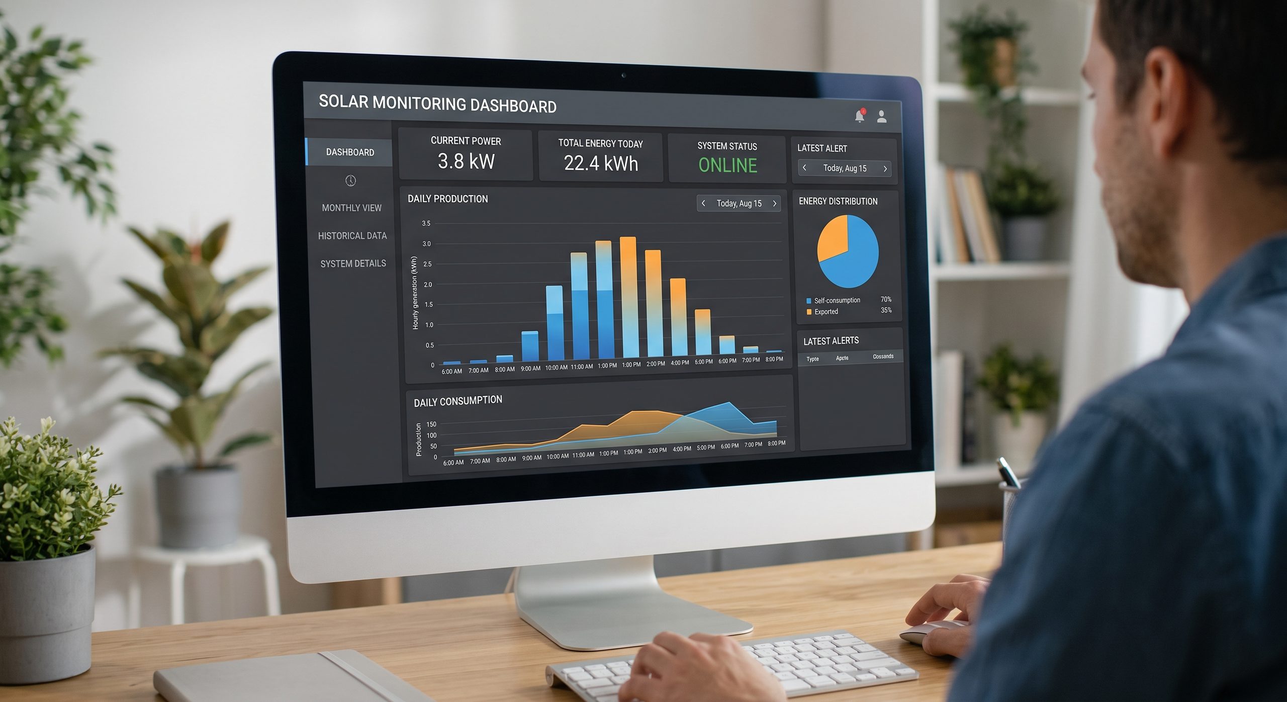 Panel de control web de monitorización solar en pantalla de ordenador, gráficos de producción diaria
