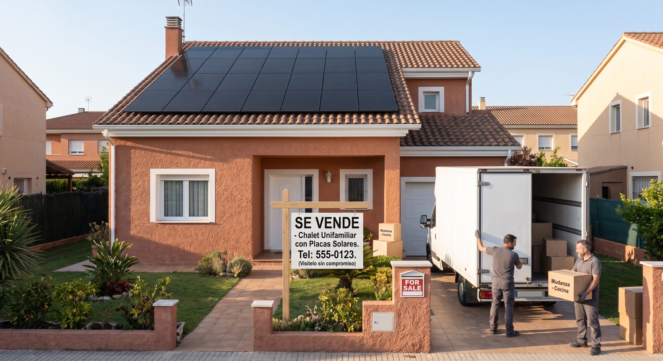 Vivienda unifamiliar con placas solares y cartel de "se vende" o mudanza, ambiente de compraventa