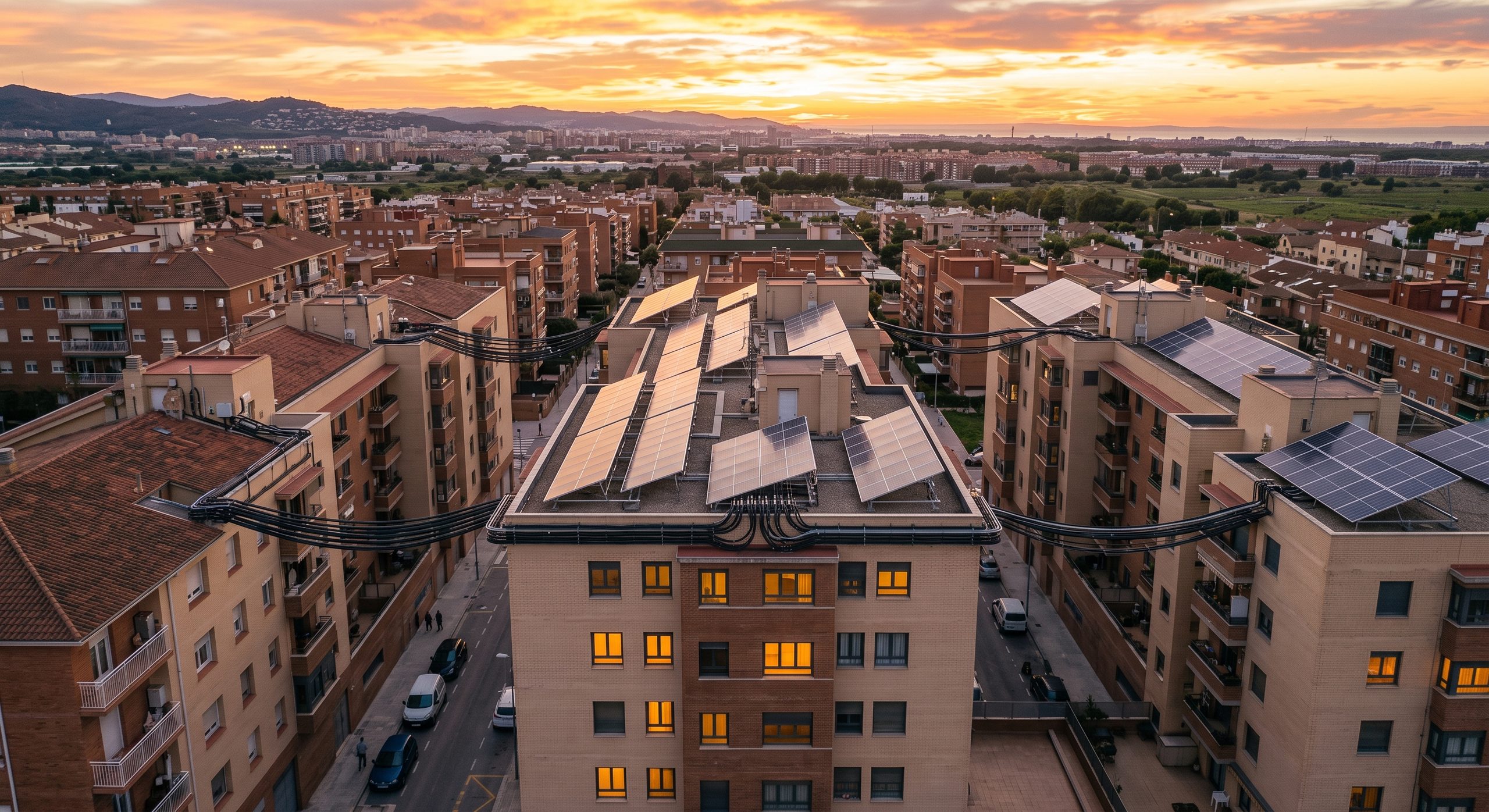 Vista aérea de varios edificios conectados a una instalación solar colectiva