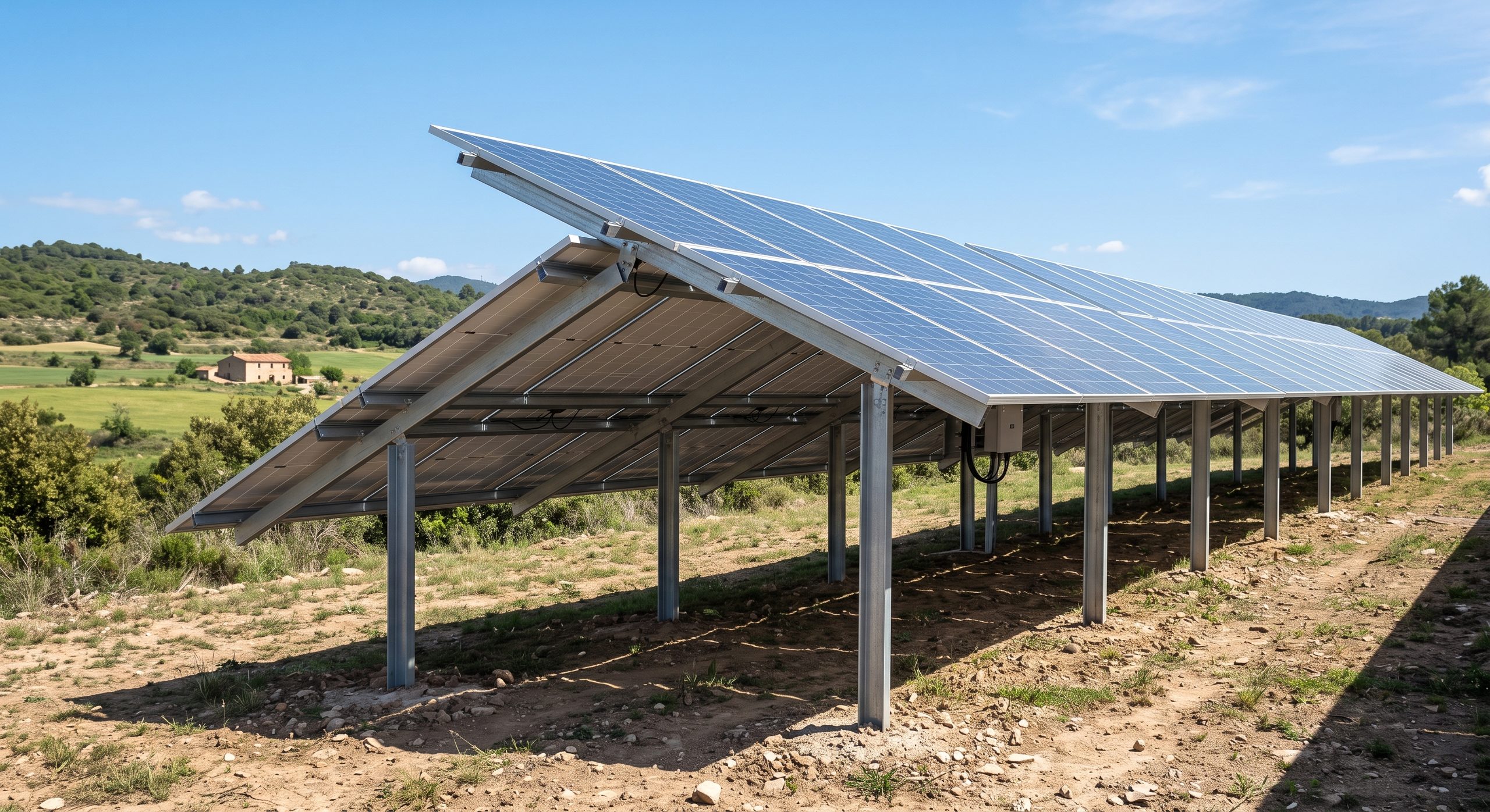 Instalación de paneles bifaciales sobre estructura elevada en suelo, mostrando la separación con el terreno