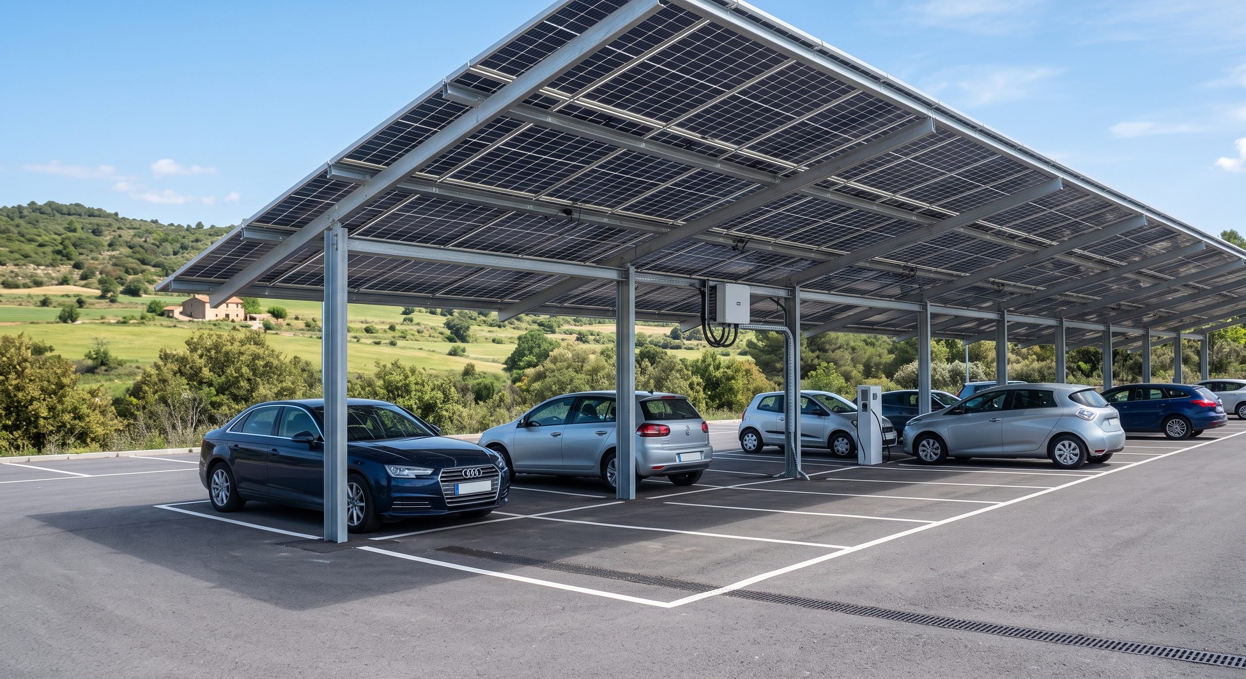 Marquesina o pérgola solar con paneles bifaciales elevados sobre un patio o aparcamiento