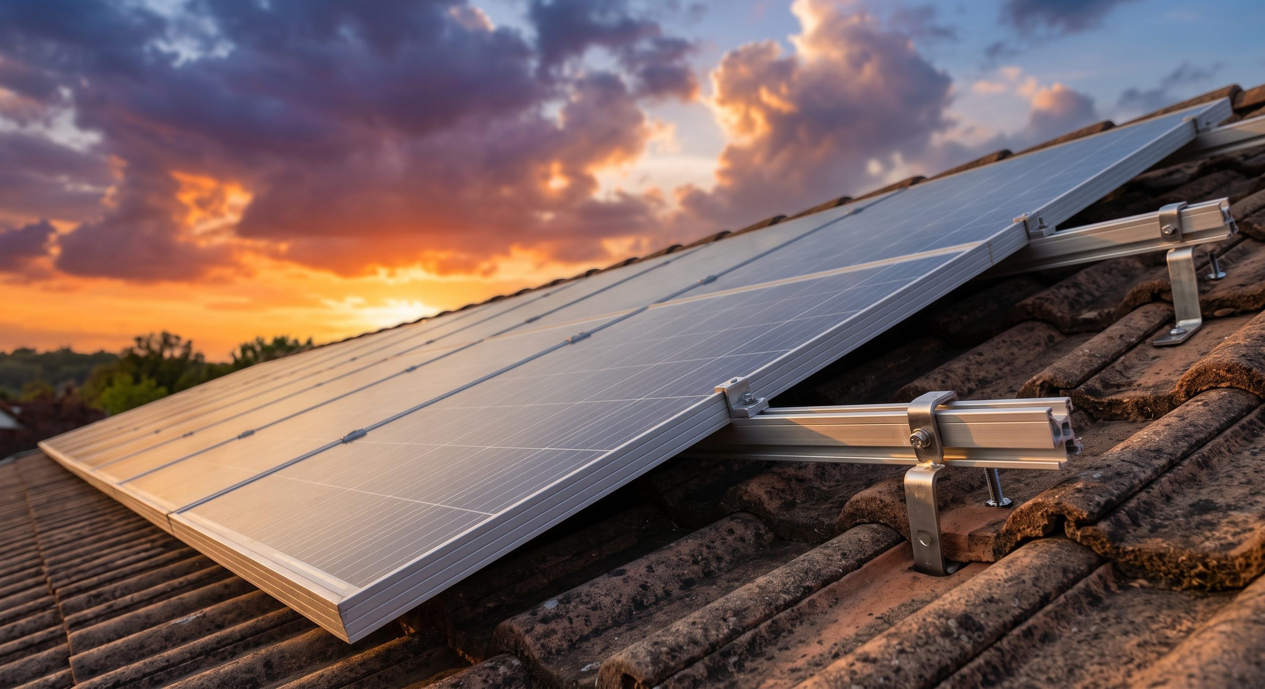 Placas solares ancladas firmemente a la estructura de un tejado