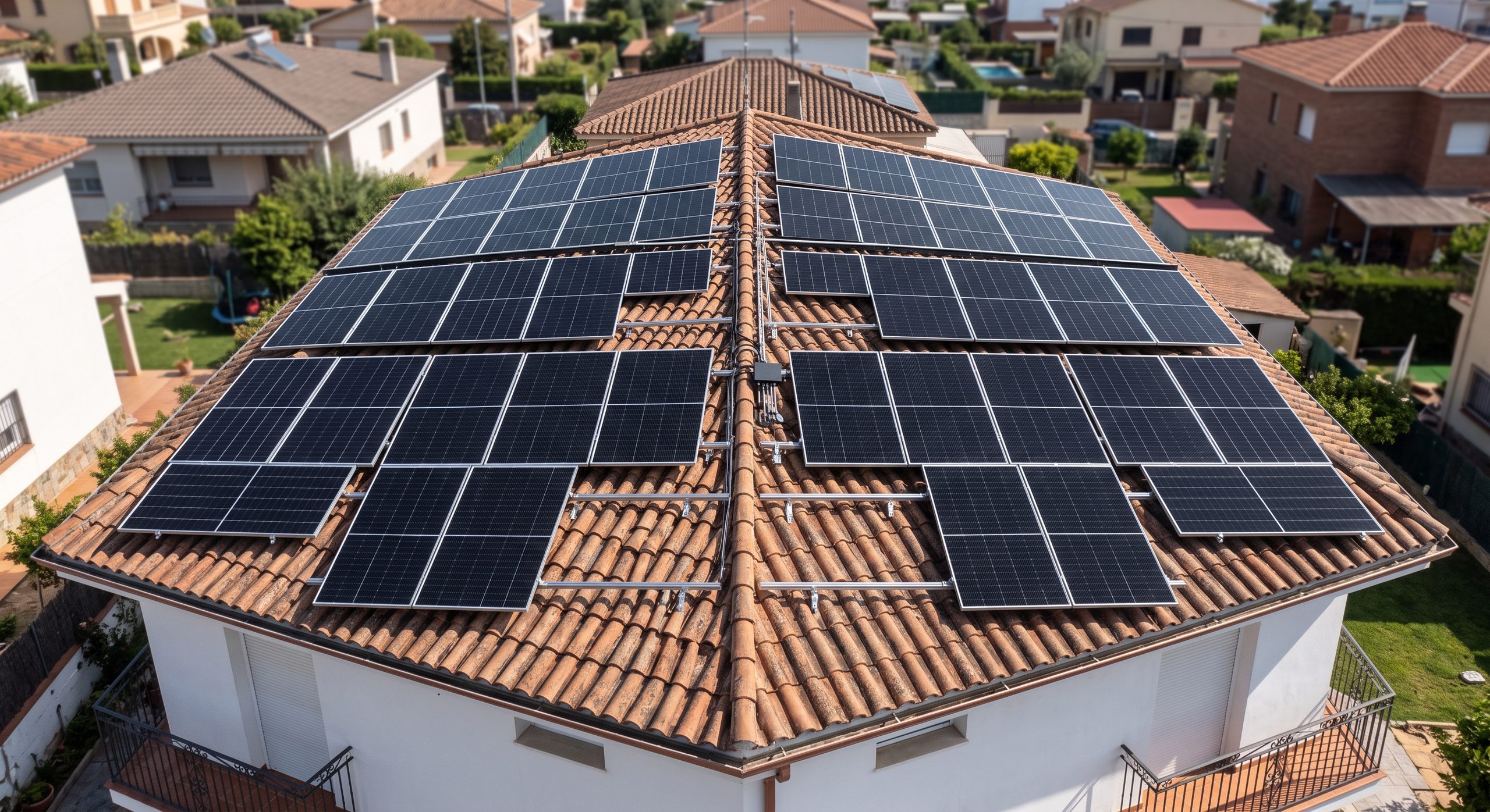 Instalación de paneles solares completa sobre tejado de vivienda, mostrando la distribución uniforme del peso