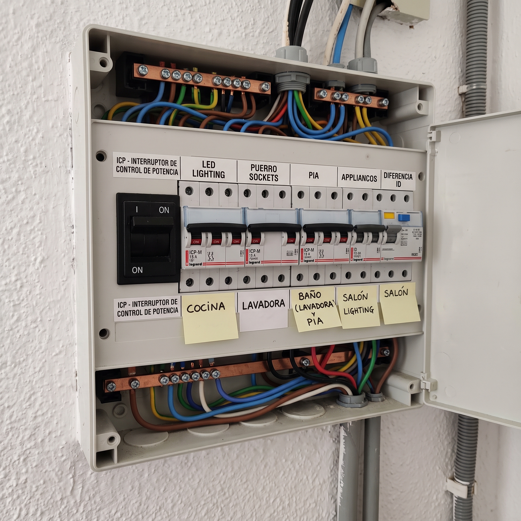 Cuadro eléctrico doméstico con el interruptor de control de potencia (ICP) visible