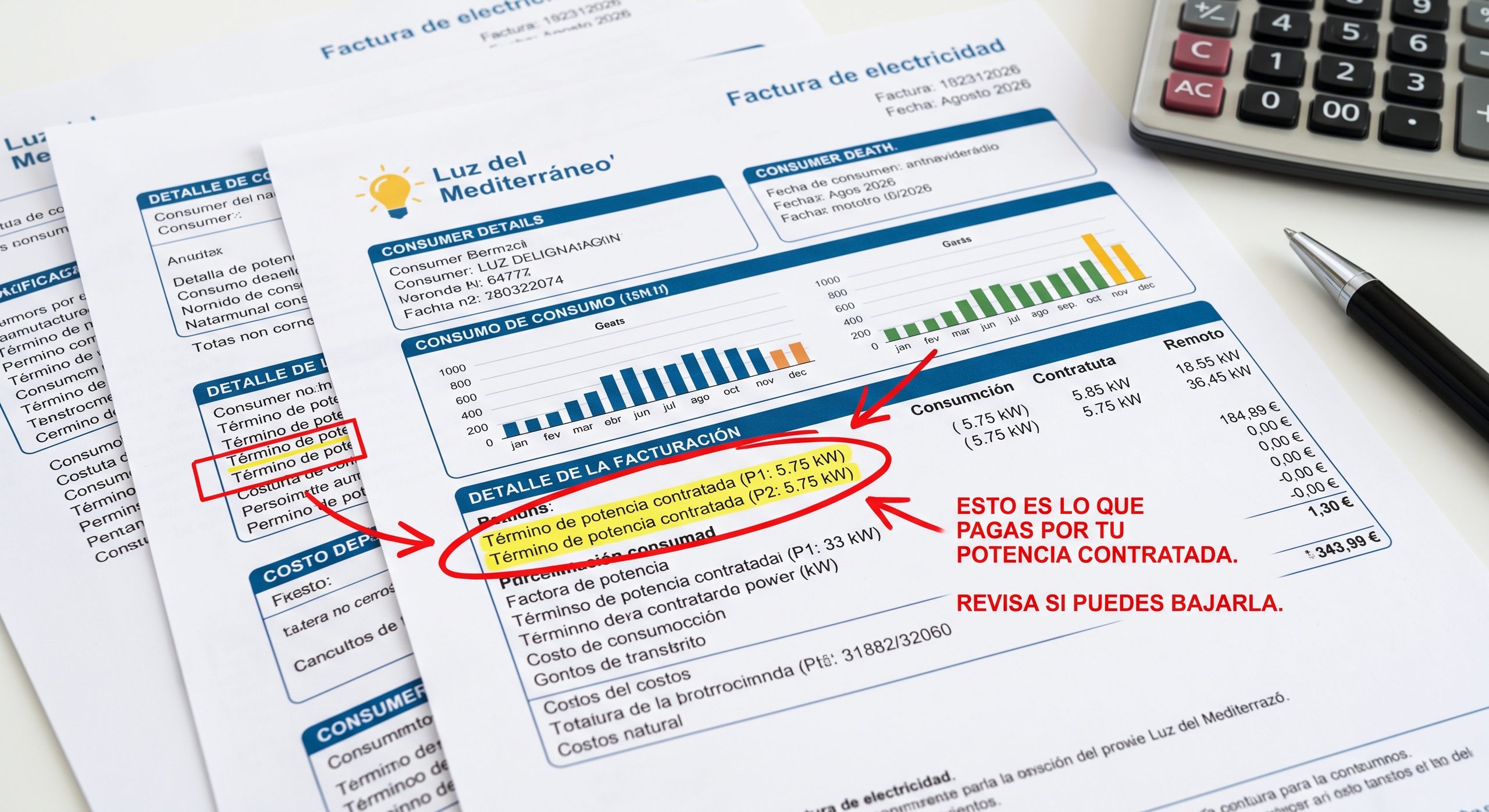 Factura eléctrica mostrando el término de potencia contratada resaltado