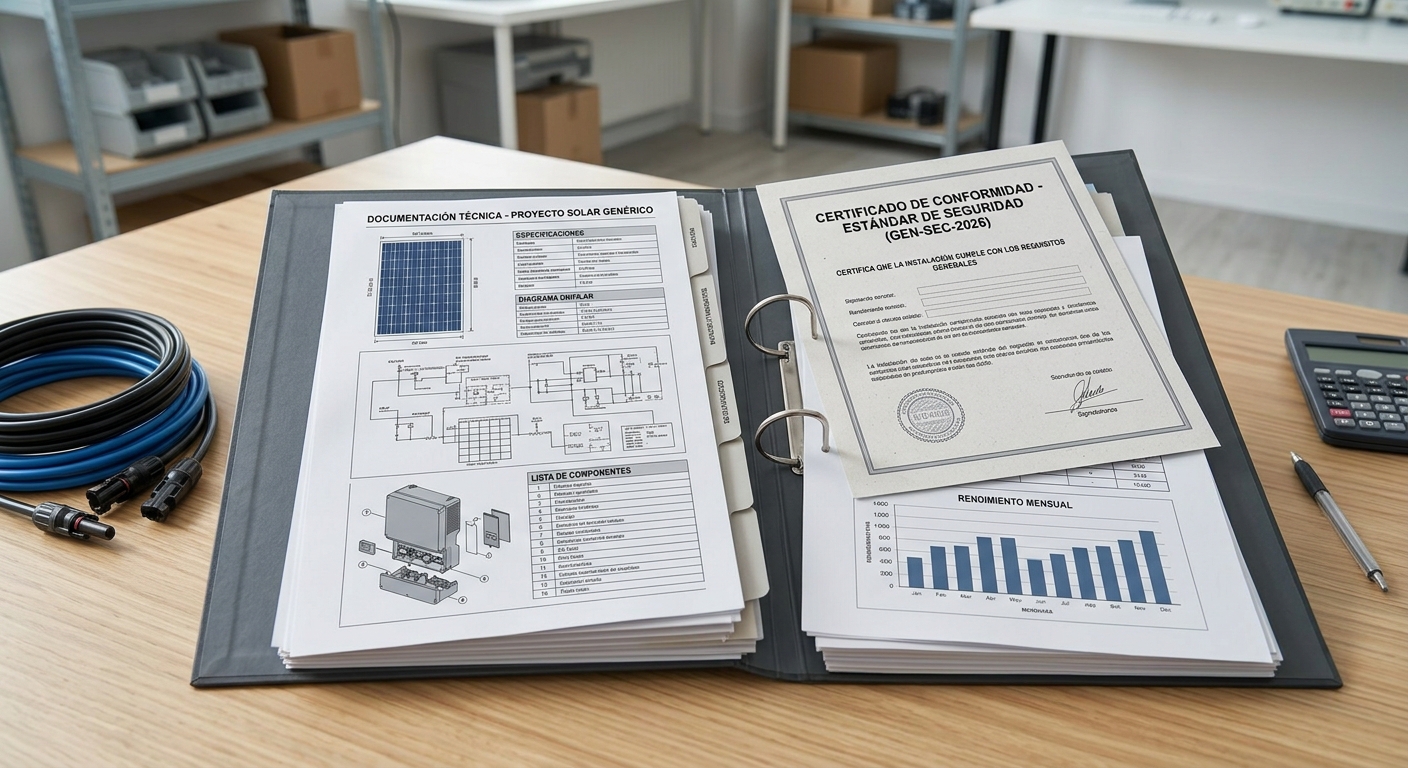Carpeta con documentación técnica y certificados sobre una mesa