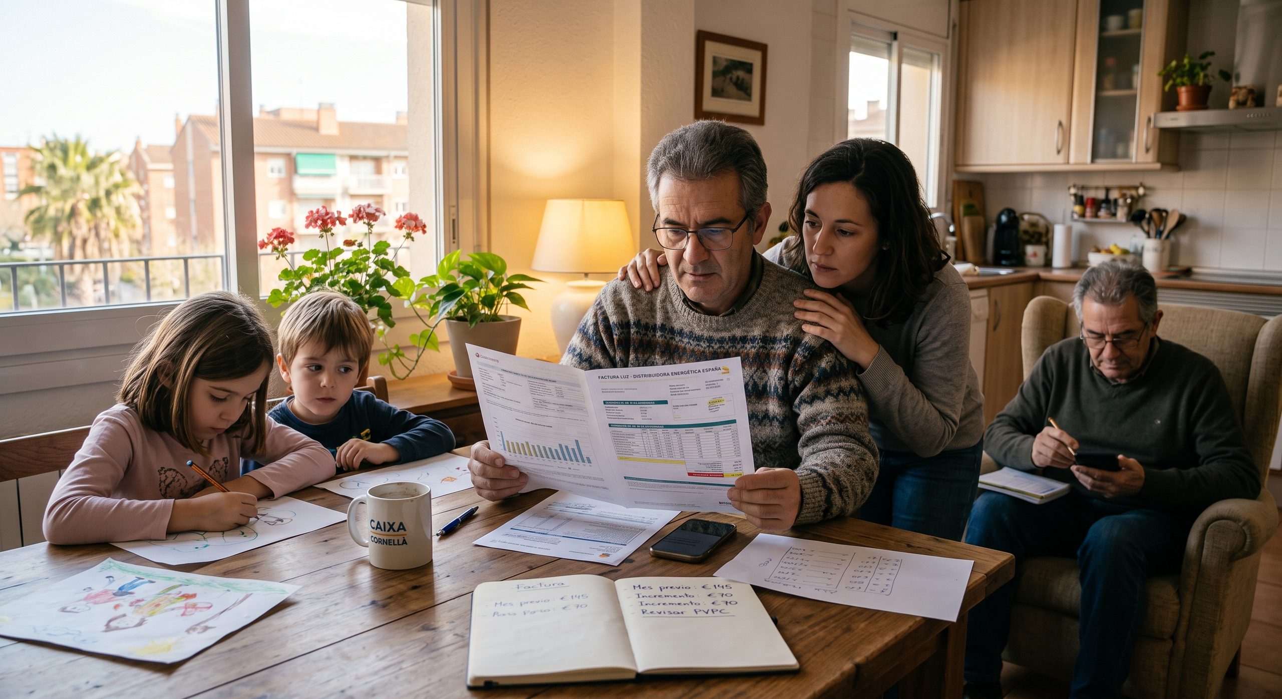 Familia revisando una factura eléctrica en casa, ambiente tranquilo y realista
