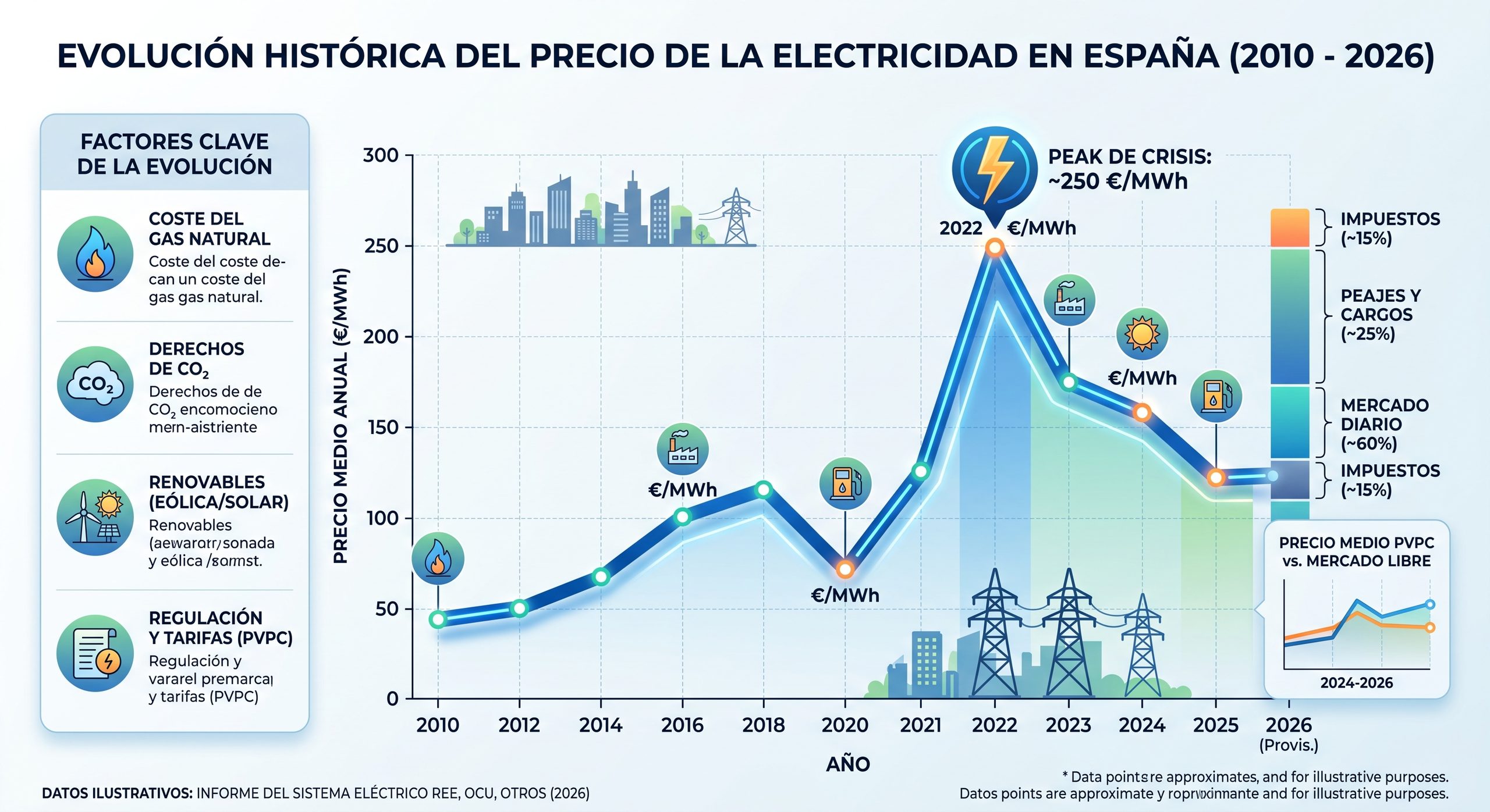 Gráfico mostrando evolución del precio de la electricidad en España a lo largo de los años
