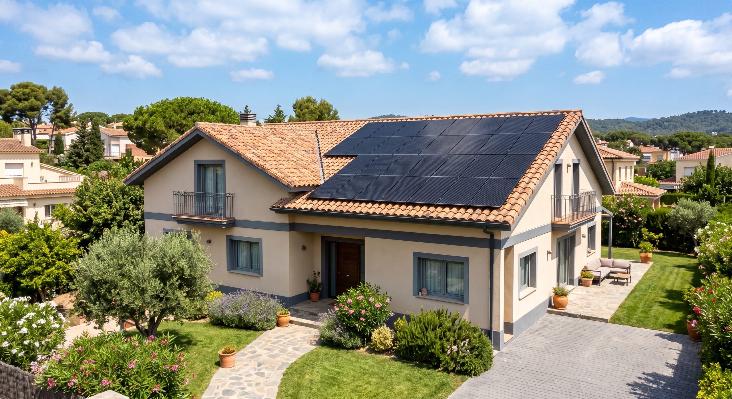 Placas solares en tejado de vivienda unifamiliar, día soleado, buen estado de mantenimiento