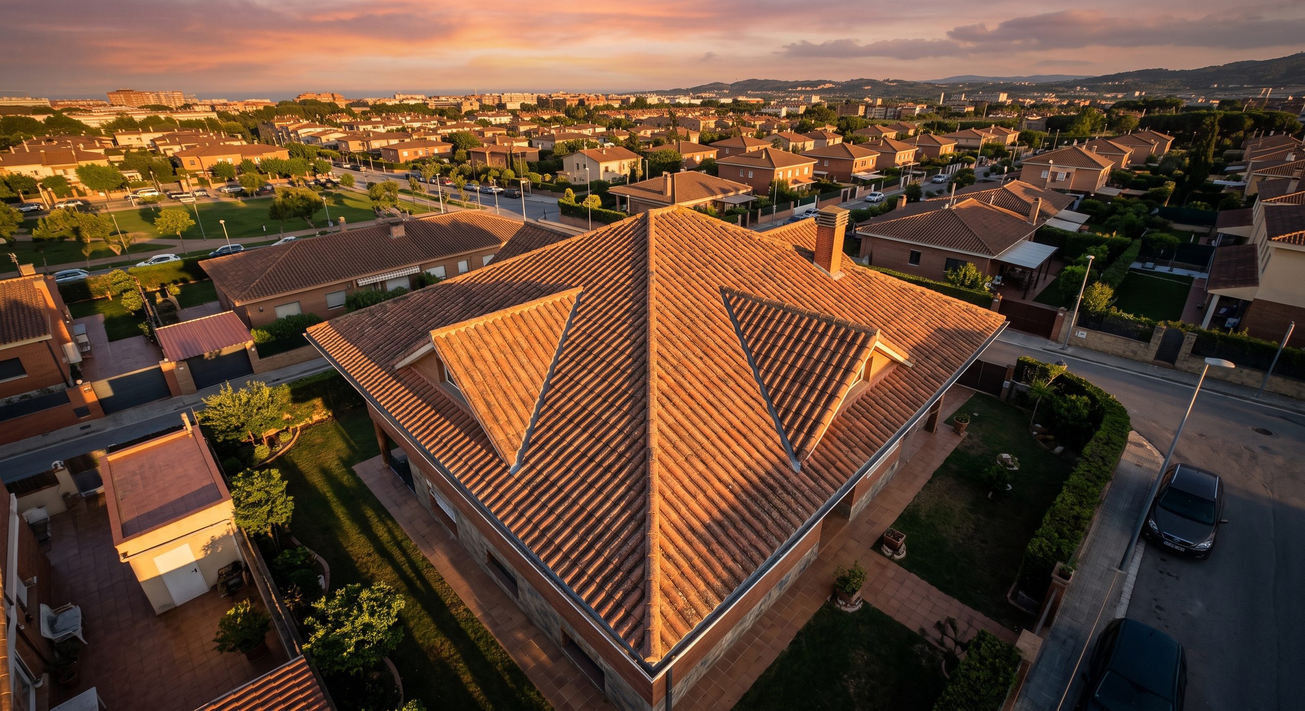 Vista aérea de un tejado residencial orientado favorablemente para placas solares