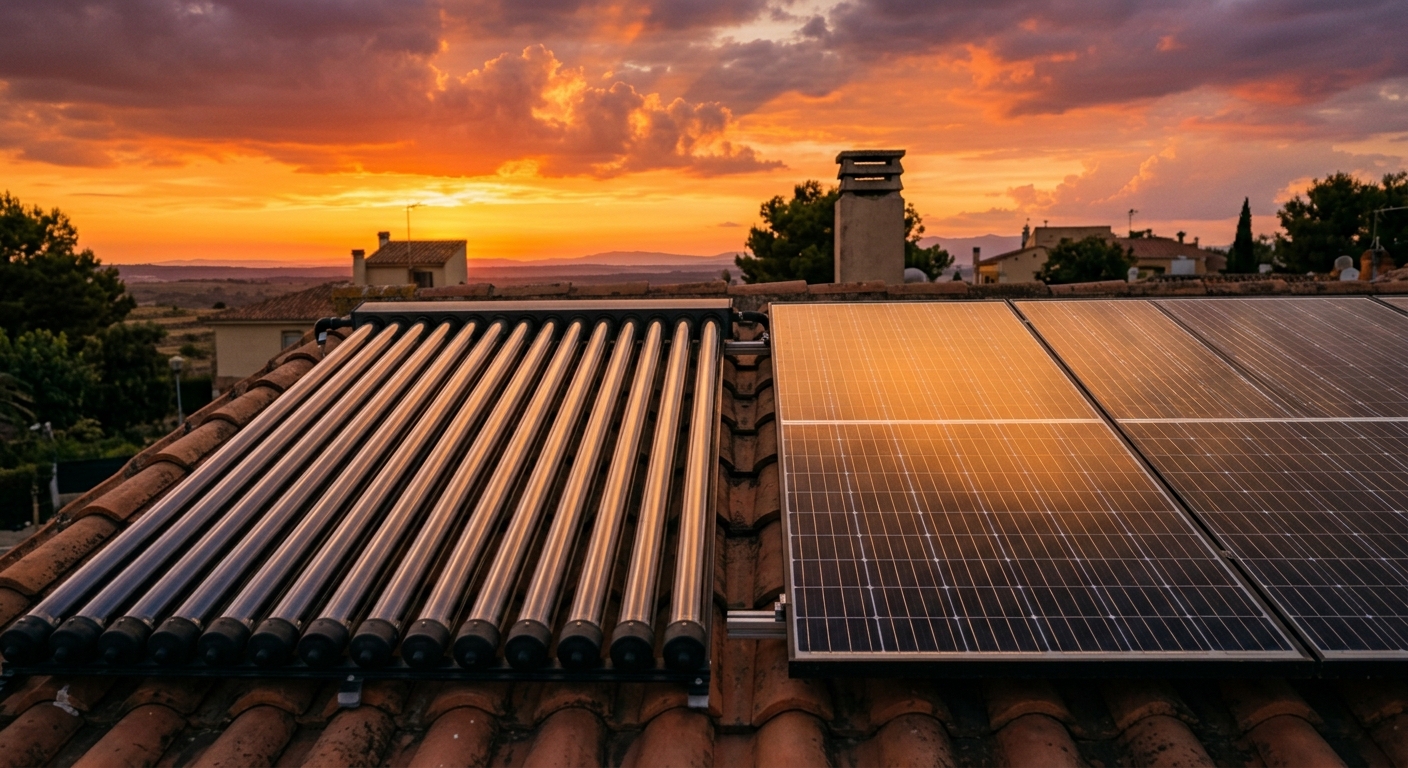 Comparativa visual entre un panel termosolar y un panel fotovoltaico en un mismo tejado