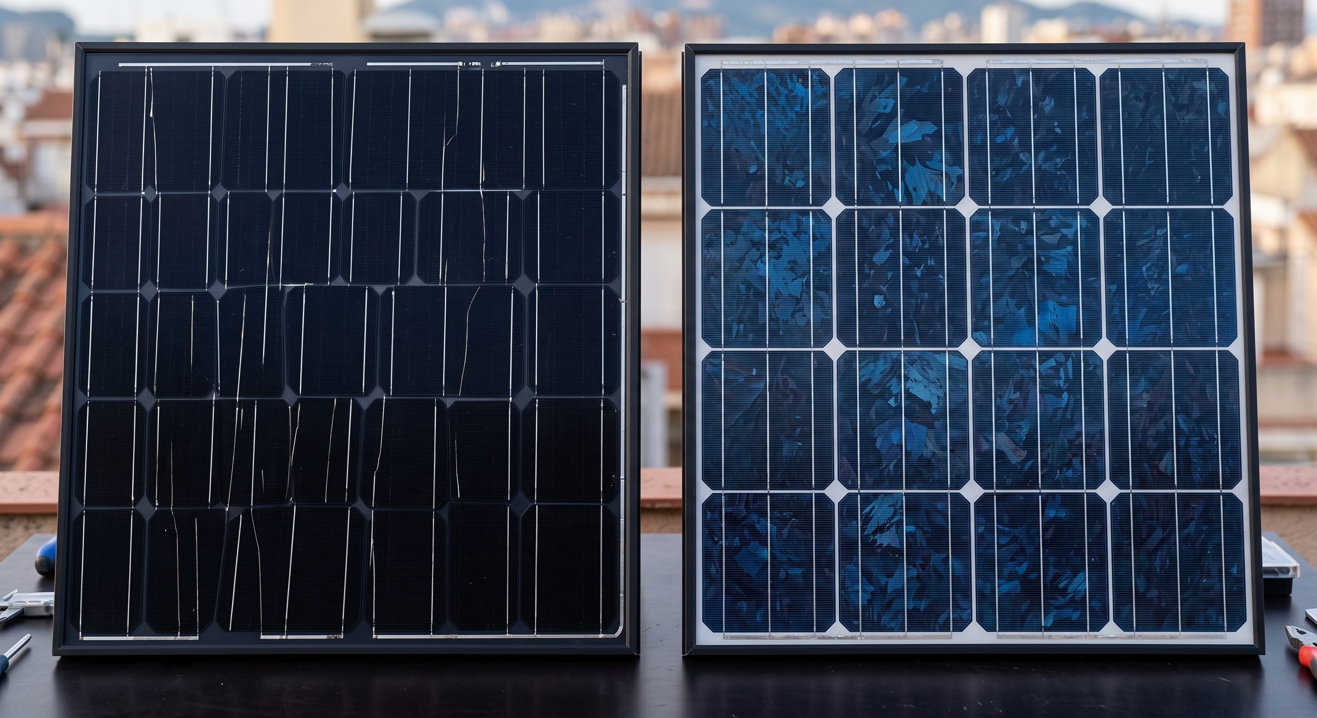Dos paneles solares uno junto a otro mostrando la diferencia visual entre monocristalino y policristalino