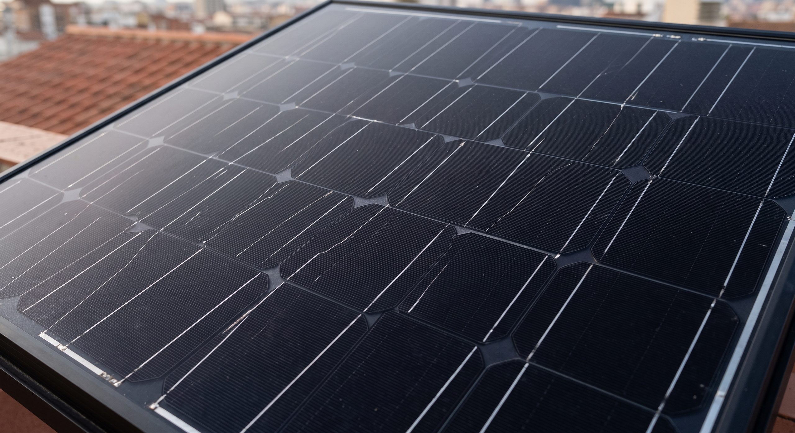 Primer plano de un panel solar monocristalino mostrando las células negras uniformes con esquinas achaflanadas