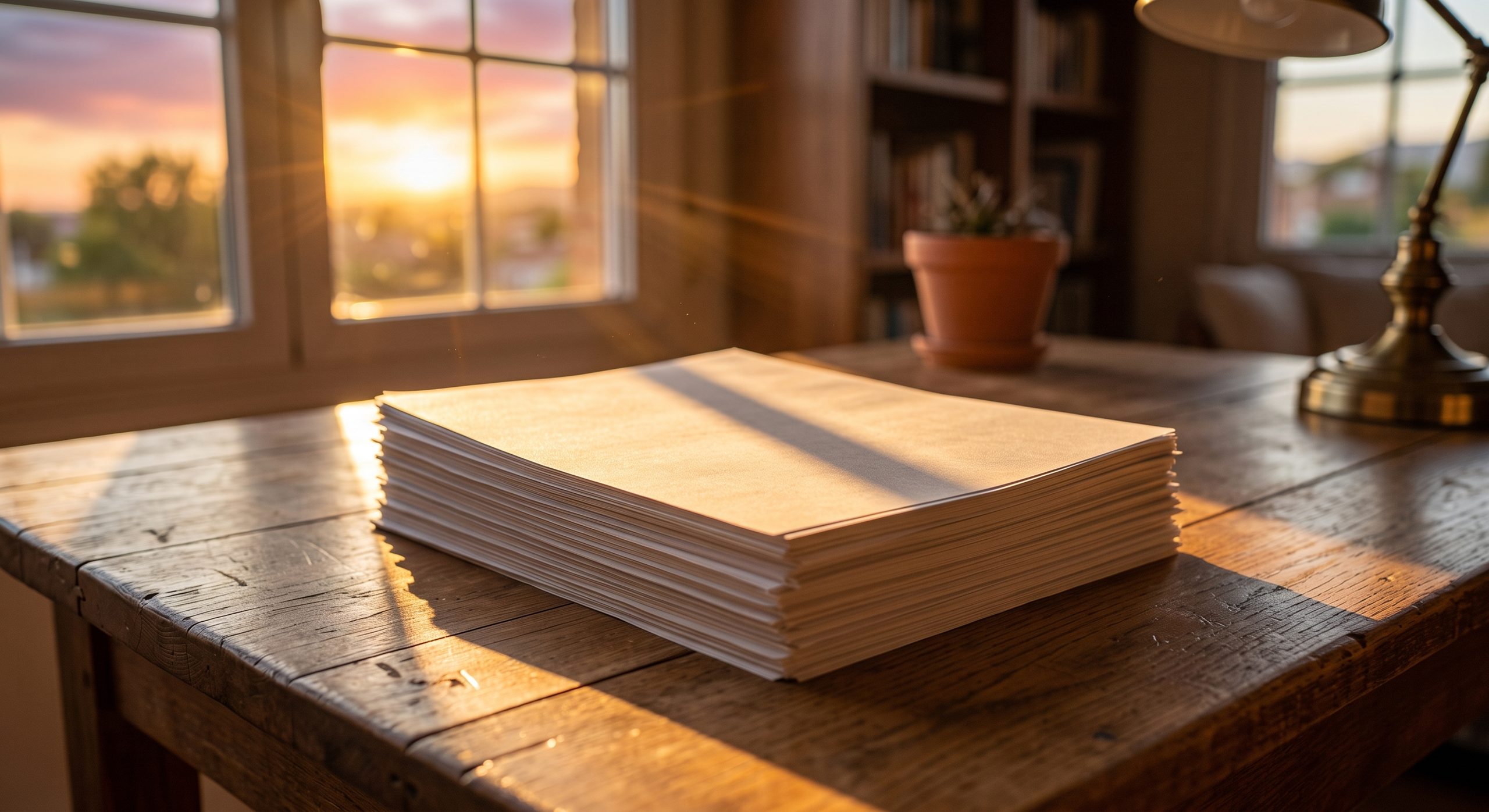 Pila de documentos sobre una mesa iluminados por luz cálida de atardecer