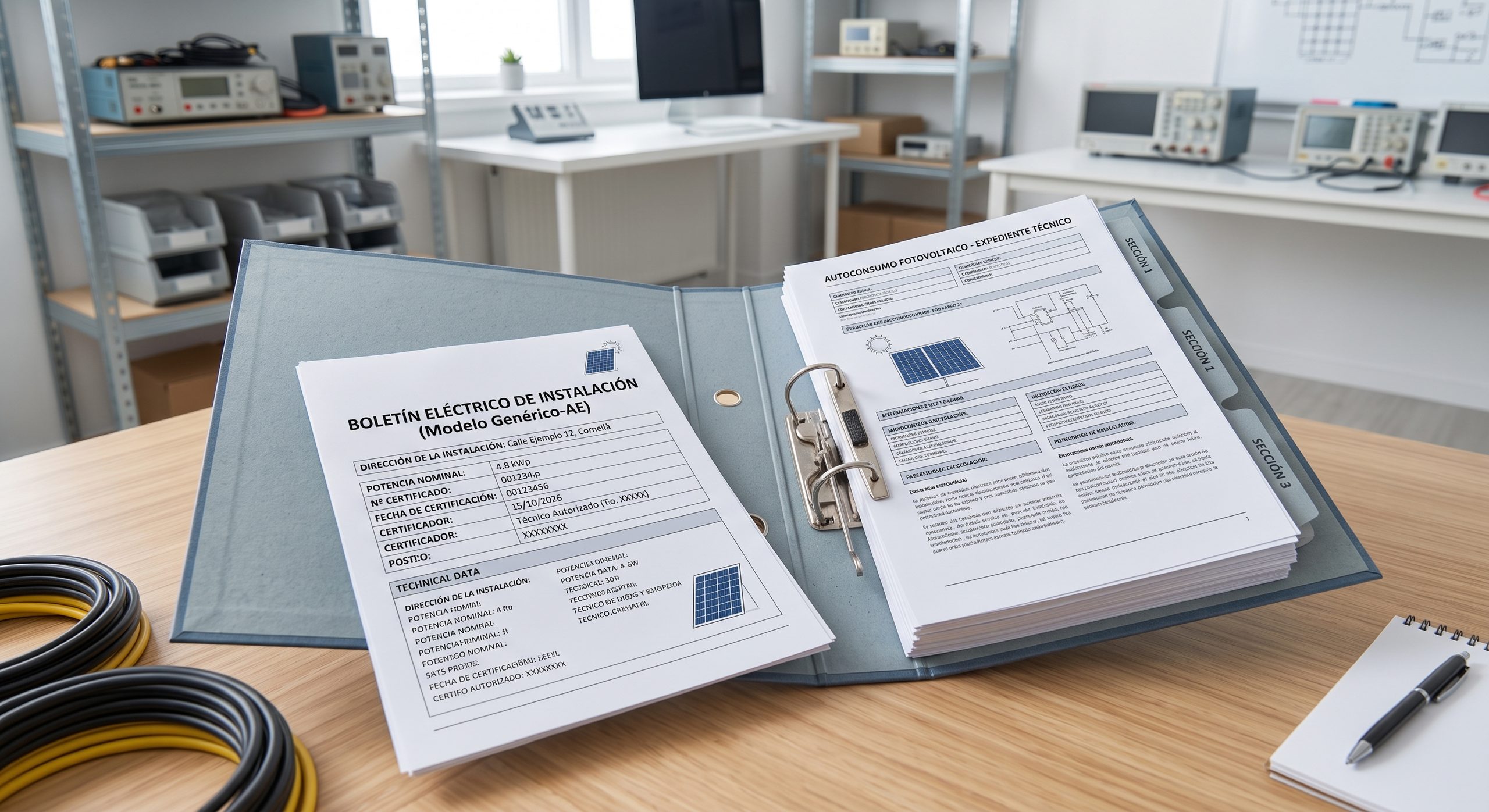 Carpeta con documentos de trámites de autoconsumo sobre una mesa, boletín eléctrico visible