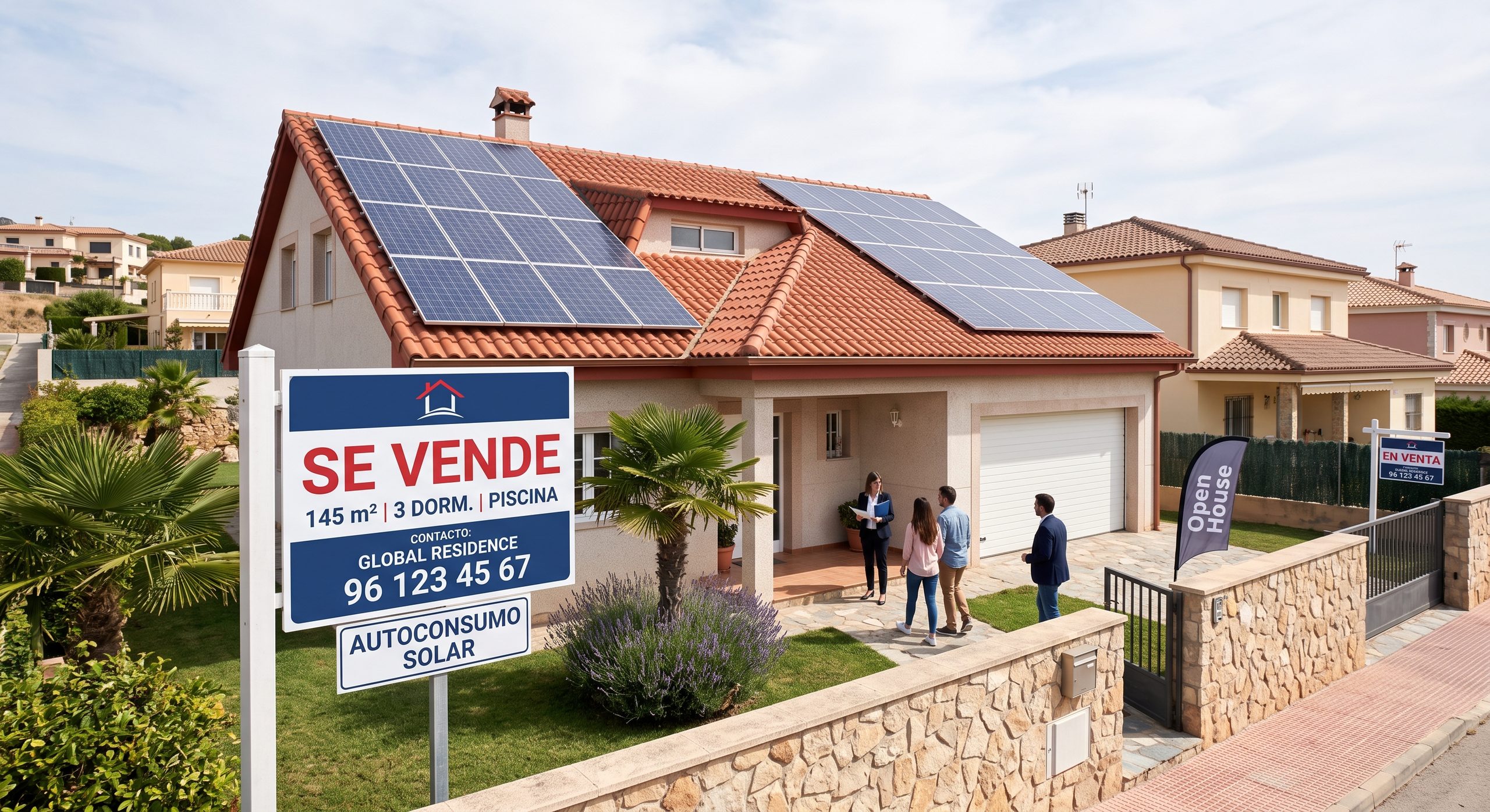Vivienda con placas solares visible, con cartel de "se vende" o "en venta", ambiente inmobiliario