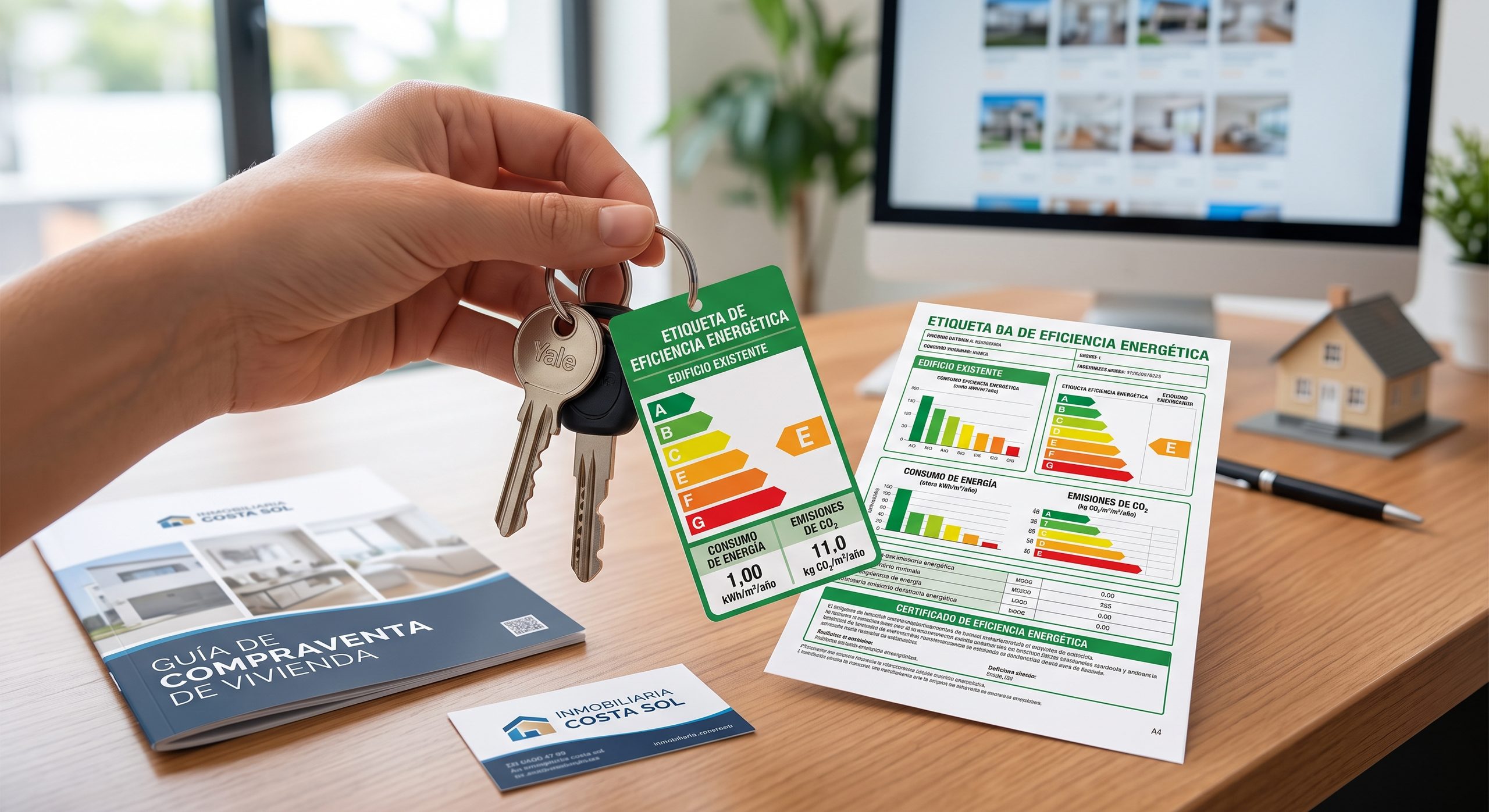 Etiqueta de certificación energética junto a llaves de una vivienda, ambiente inmobiliario