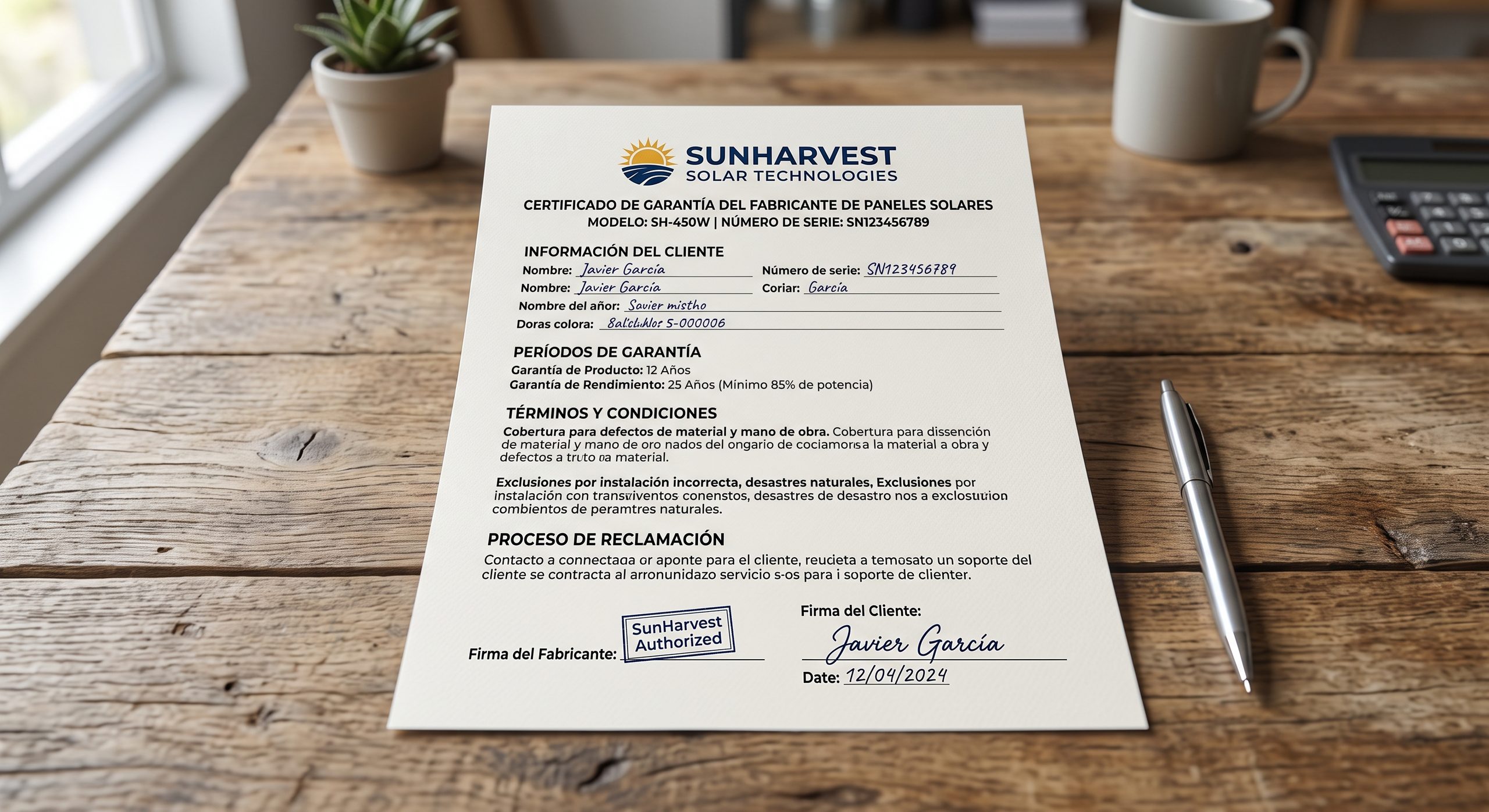 Documento de garantía de fabricante de paneles solares sobre una mesa