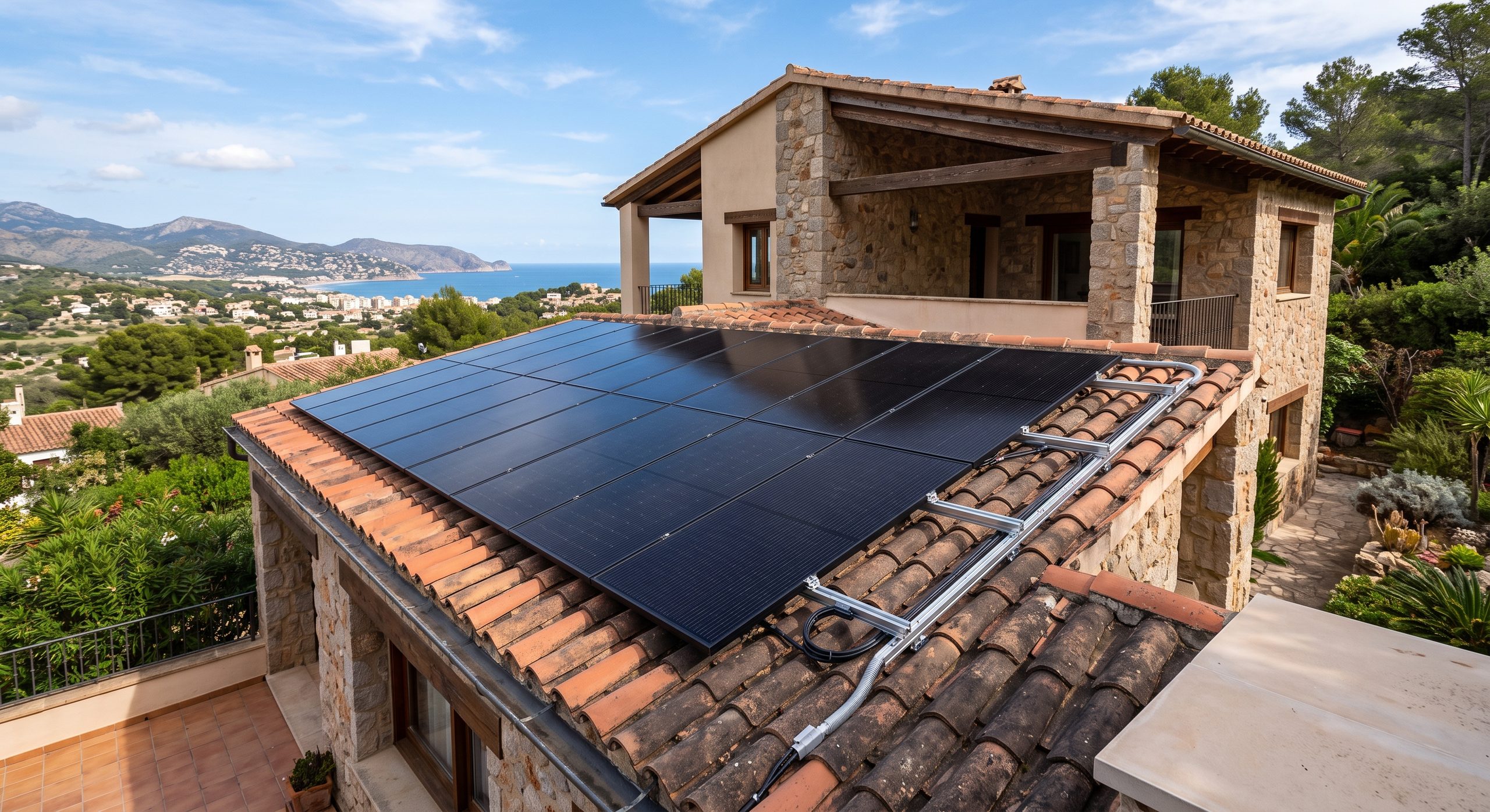 Instalación de placas solares en buen estado sobre un tejado, transmitiendo durabilidad y solidez