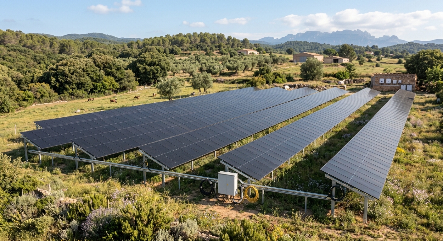 Instalación solar en suelo, sobre parcela rural amplia, paneles inclinados sobre estructura de soporte