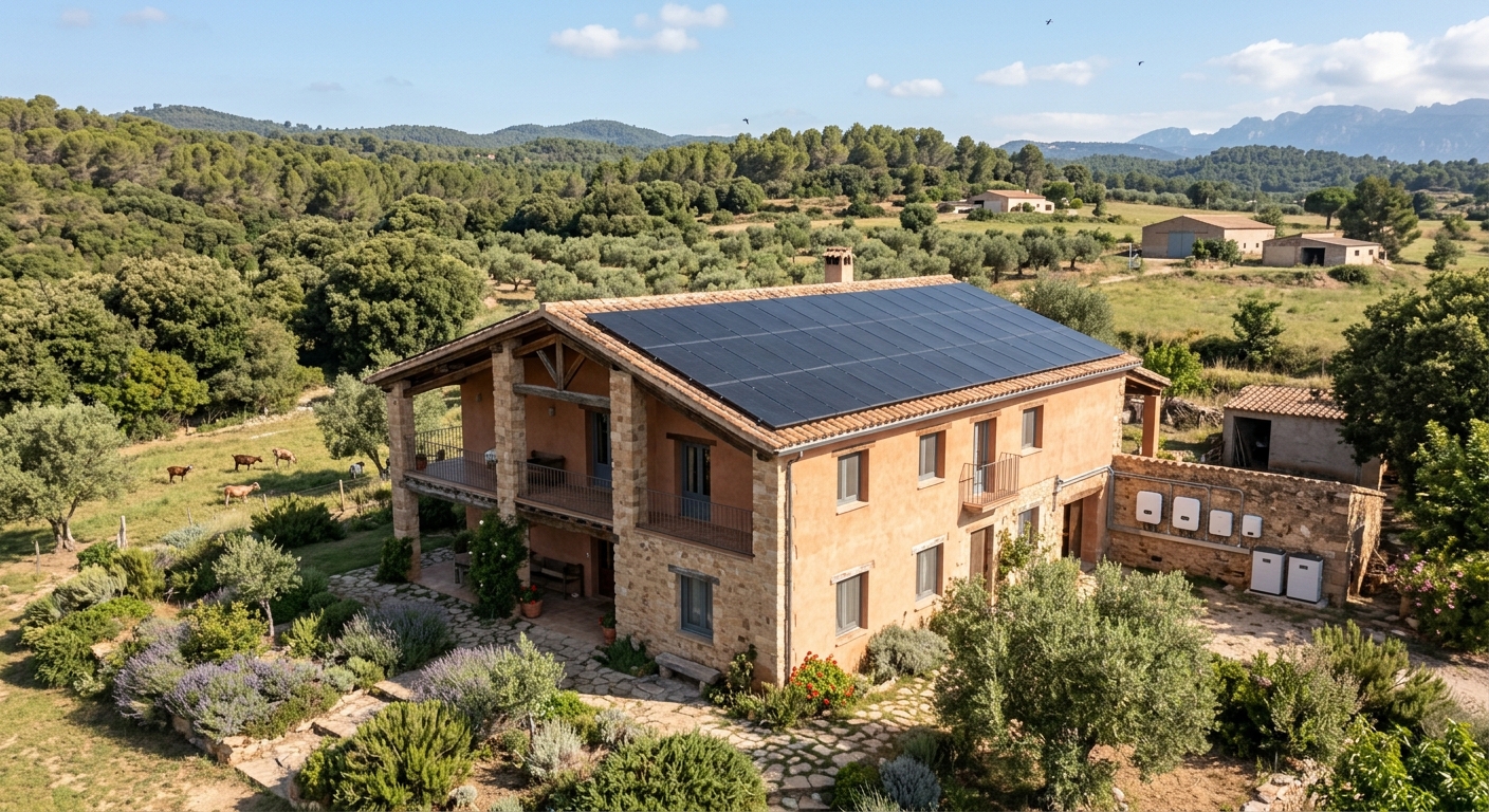 Vivienda rural o casa de campo española con paneles solares, entorno natural amplio